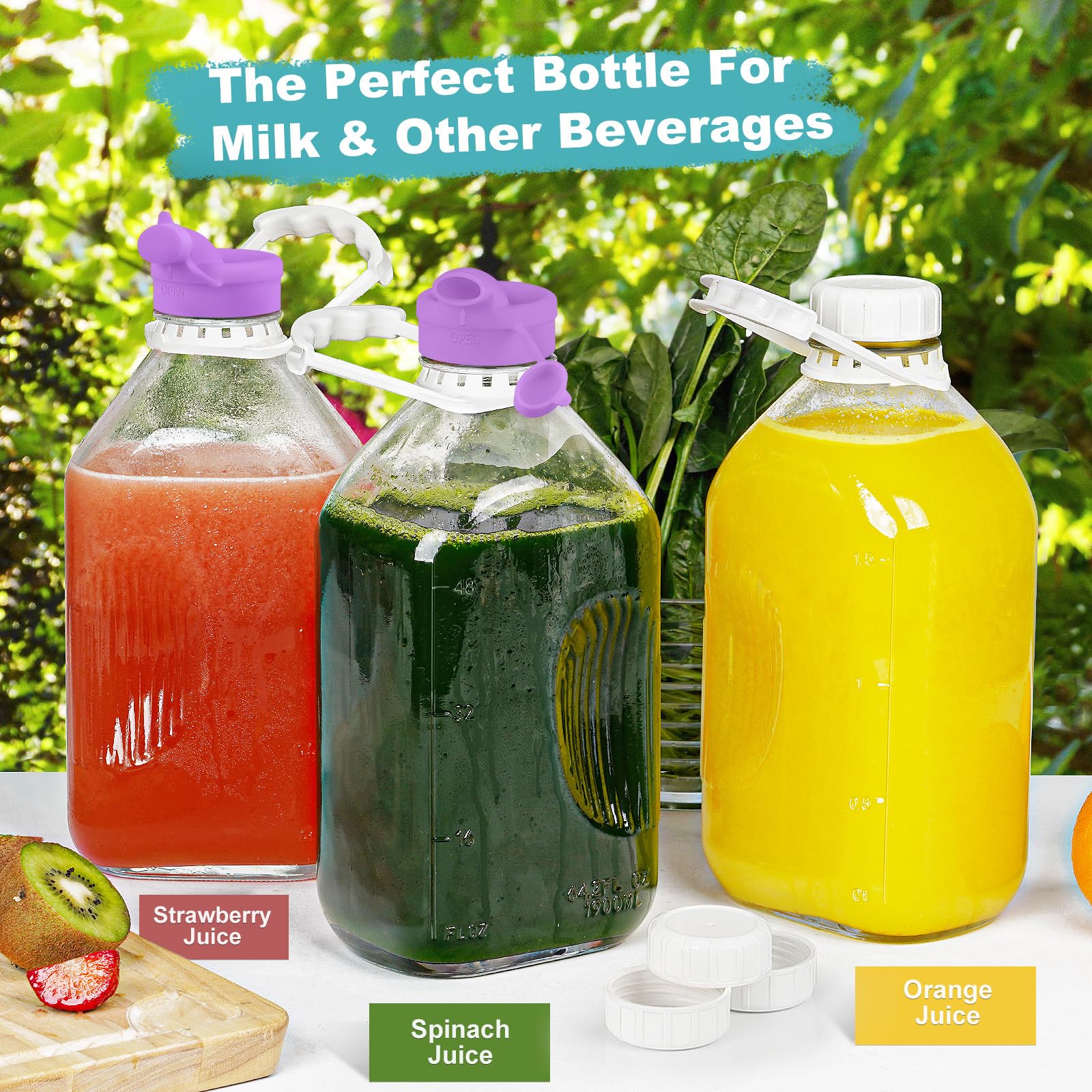 2 Pack 64 Oz Glass Milk Bottle with Dispenser Cap & Reusable Airtight Screw Lid - Heavy Duty 2 Qt Water Bottle with Measurement Lines - Perfect for Milk, Juice, Iced Tea Storage & Pouring - Ideal for Kitchen, Restaurant, Coffee Shop Use