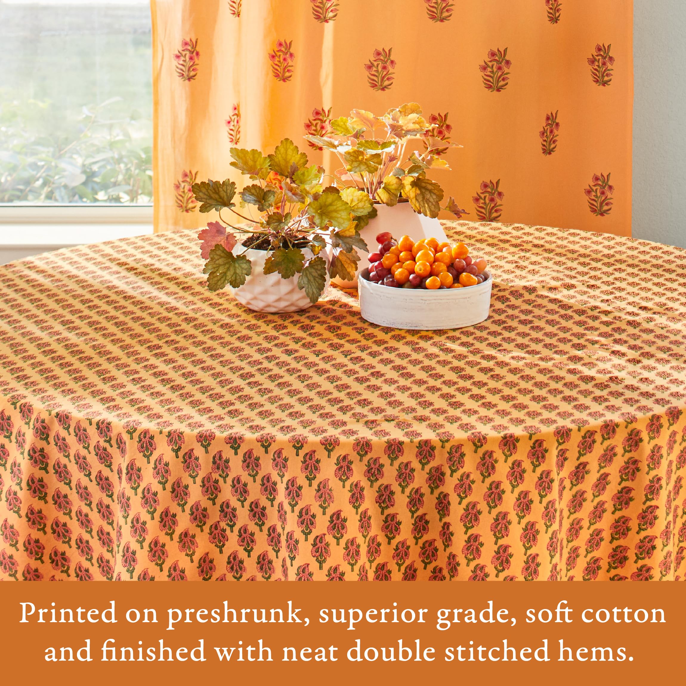 Round Hand Block Printed Tablecloth - Orange Indian Summer 100% Cotton Washable Table Cover for Kitchen, Dining & Coffee Table (70 Inch) | Perfect for Home Decor, Parties & Outdoor Gatherings