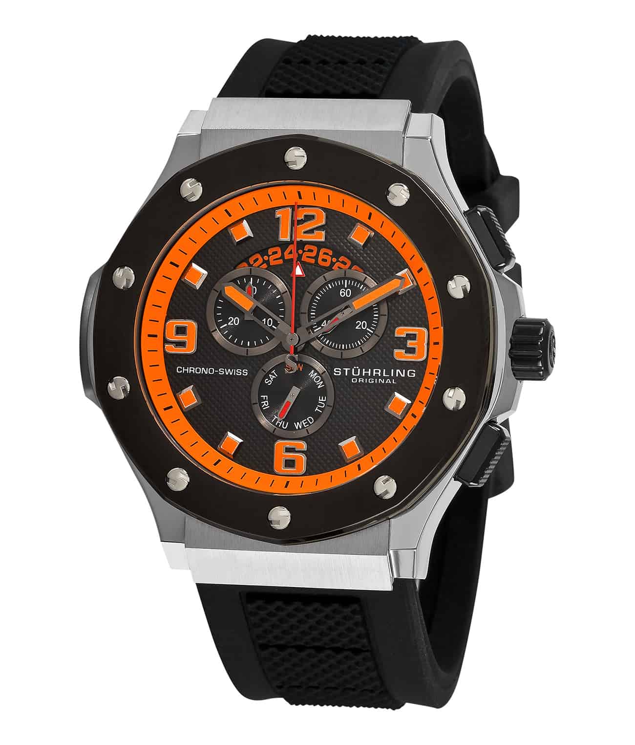 Red Dial / Silver Case / Black Silicone Strap Black PVD Tang Buckle