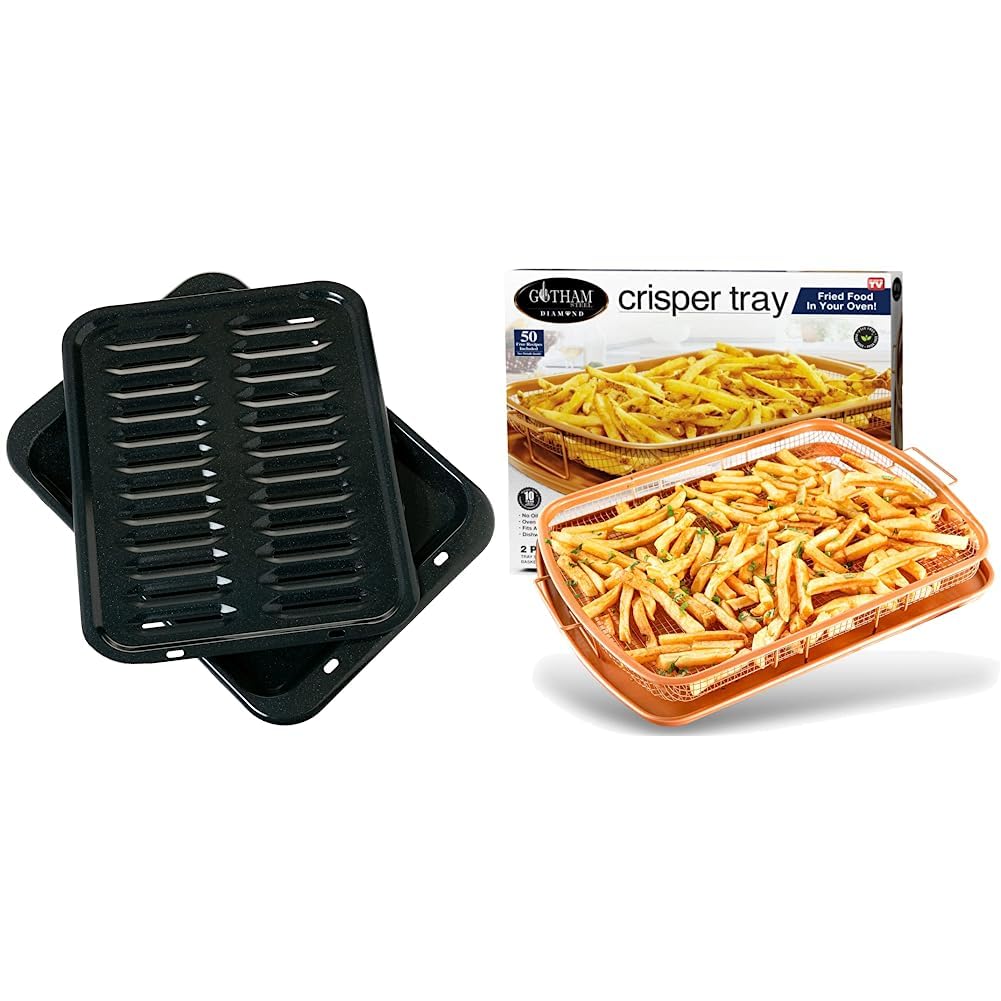 GE Appliances Broiler Pan with Rack for Oven - 2-Piece Non-Stick Black Porcelain Coated Carbon Steel Set & Air Fryer Basket - Gotham Steel Nonstick Copper Crisper Tray - Perfect for Baking, Roasting, and Air Frying Healthy Meals