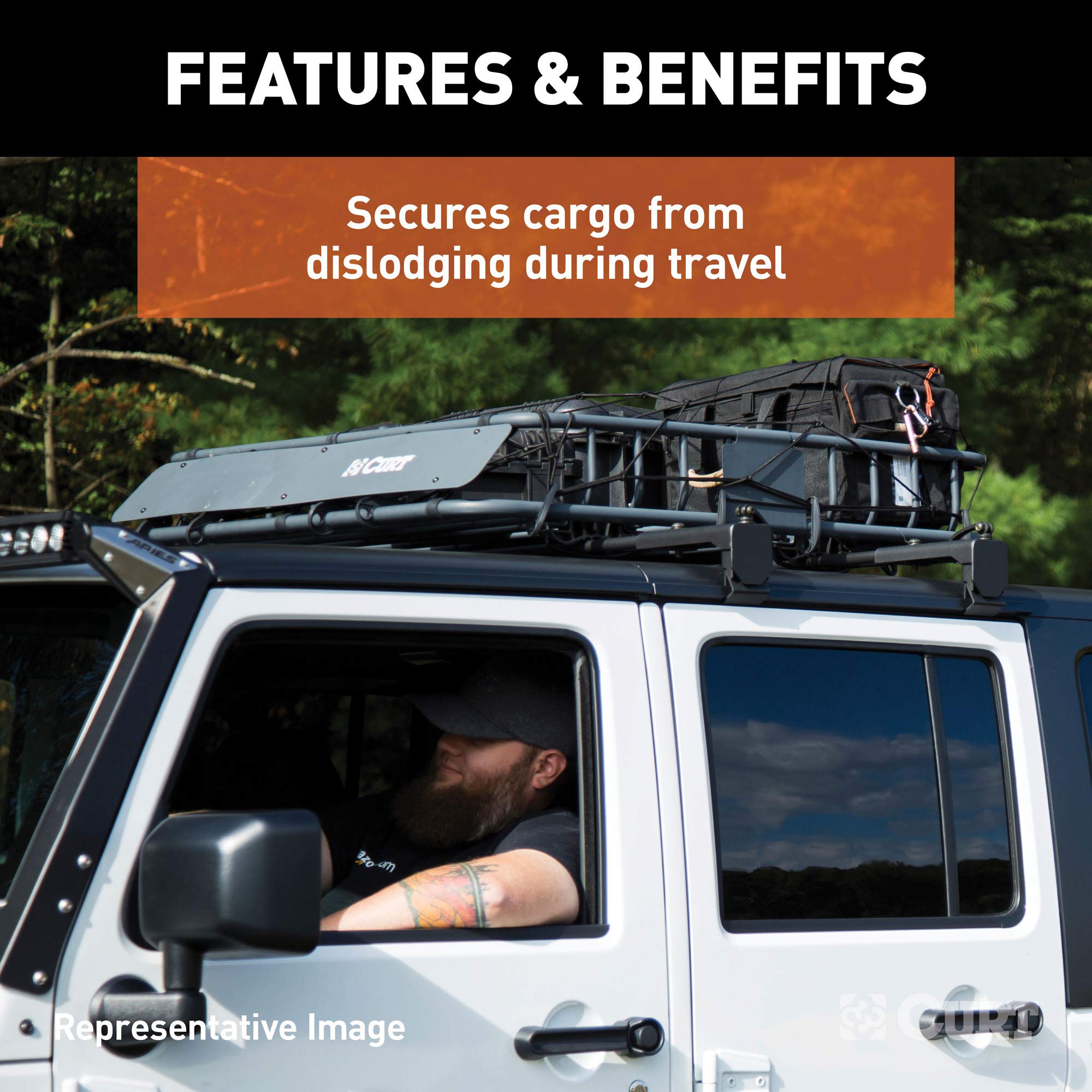 CURT 18201 65 x 38-Inch Heavy Duty Elastic Cargo Net with 12 Hooks - Universal Fit for Roof Rack Baskets, Truck Beds & SUV Cargo Areas - Secure Luggage, Sports Gear & Equipment During Travel