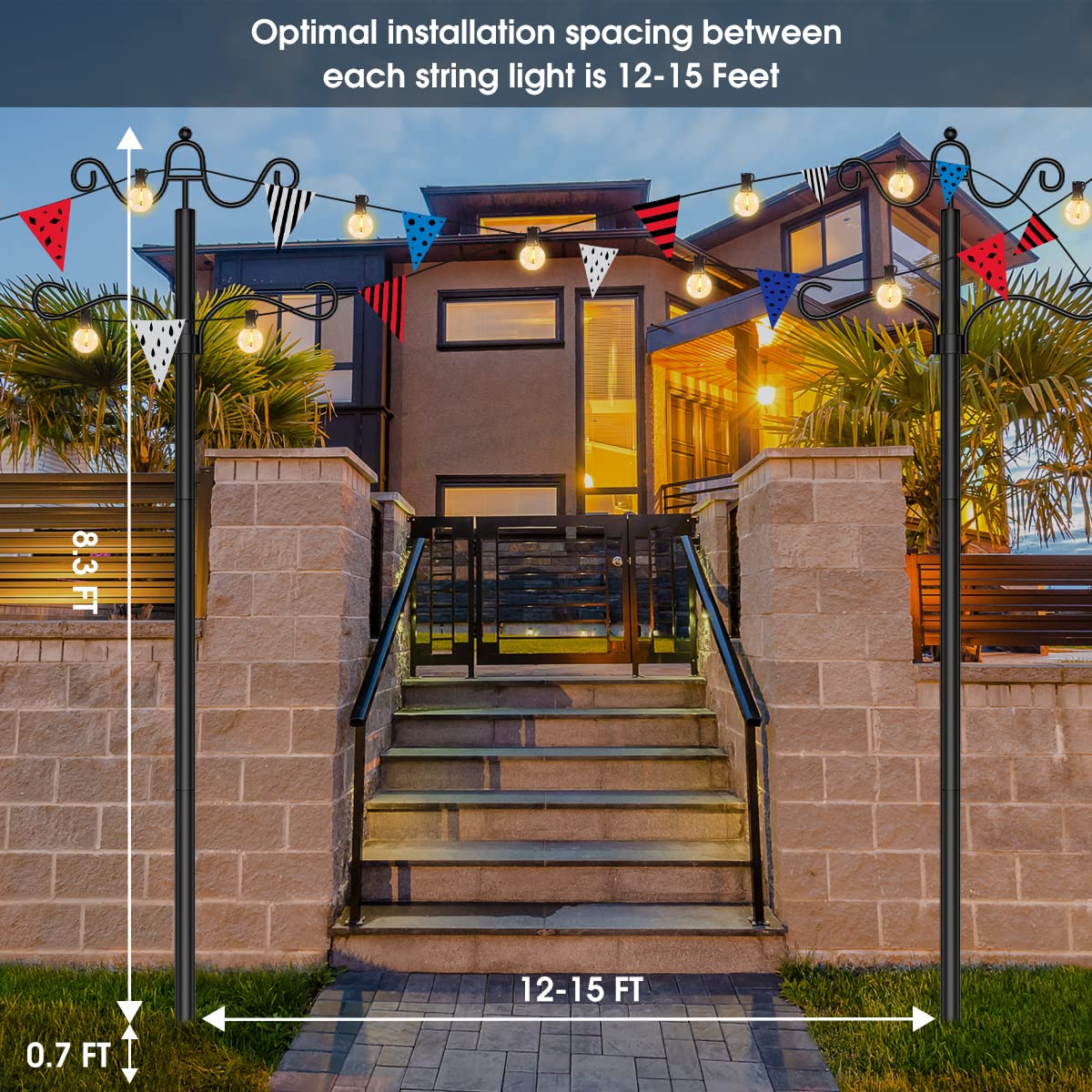 9FT Outdoor String Light Poles with Hooks - Heavy Duty Metal Stand for Patio, Deck, Backyard & Balcony Lighting | Perfect for Hanging String Lights, Lanterns, Bird Feeders & Plant Baskets (4 Pack) - Weather Resistant for Year-Round Use