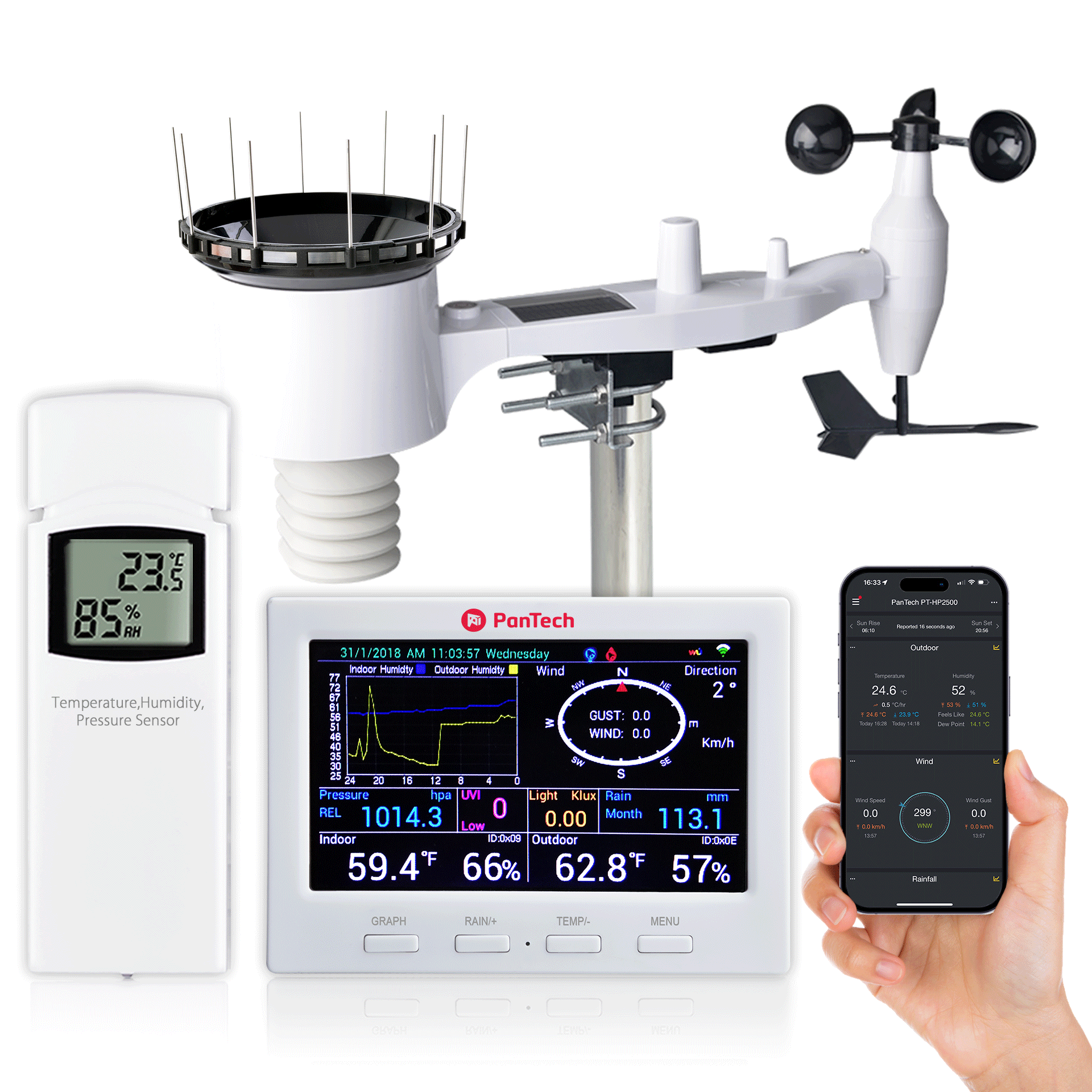 PanTech HP2500 Wireless Weather Station with WiFi, Rain Gauge, Anemometer & Solar Power - Real-Time Weather Monitoring for Home, Garden, and Outdoor Activities (AU Stock)