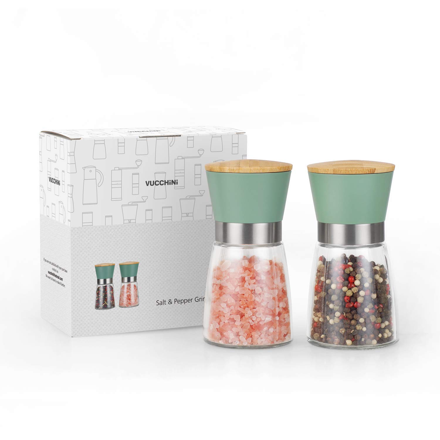 Premium Bamboo Salt and Pepper Grinder Set - Adjustable Ceramic Burr Mill for Coarse to Fine Seasoning - Refillable Manual Kitchen Shakers (Green) - Perfect for Cooking, Dining & Gourmet Gift Giving