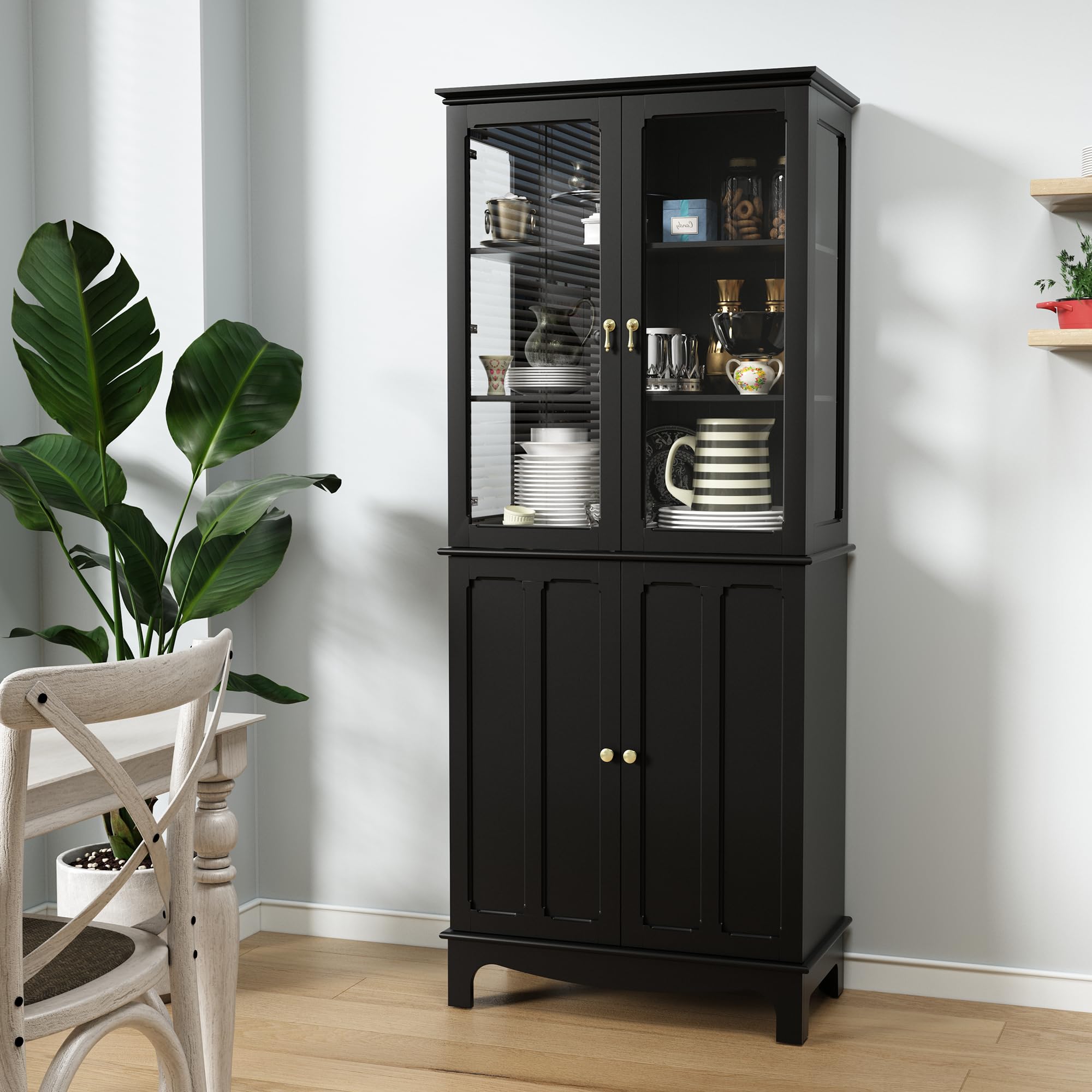 ARTPOWER 72 Inch Freestanding Kitchen Pantry Cabinet - Classic Tall Storage Sideboard with Glass Doors & Adjustable Shelves for Kitchen, Living Room, Dining Room - Black | Perfect for Small Space Organization, Home Decor & Extra Storage Solutions