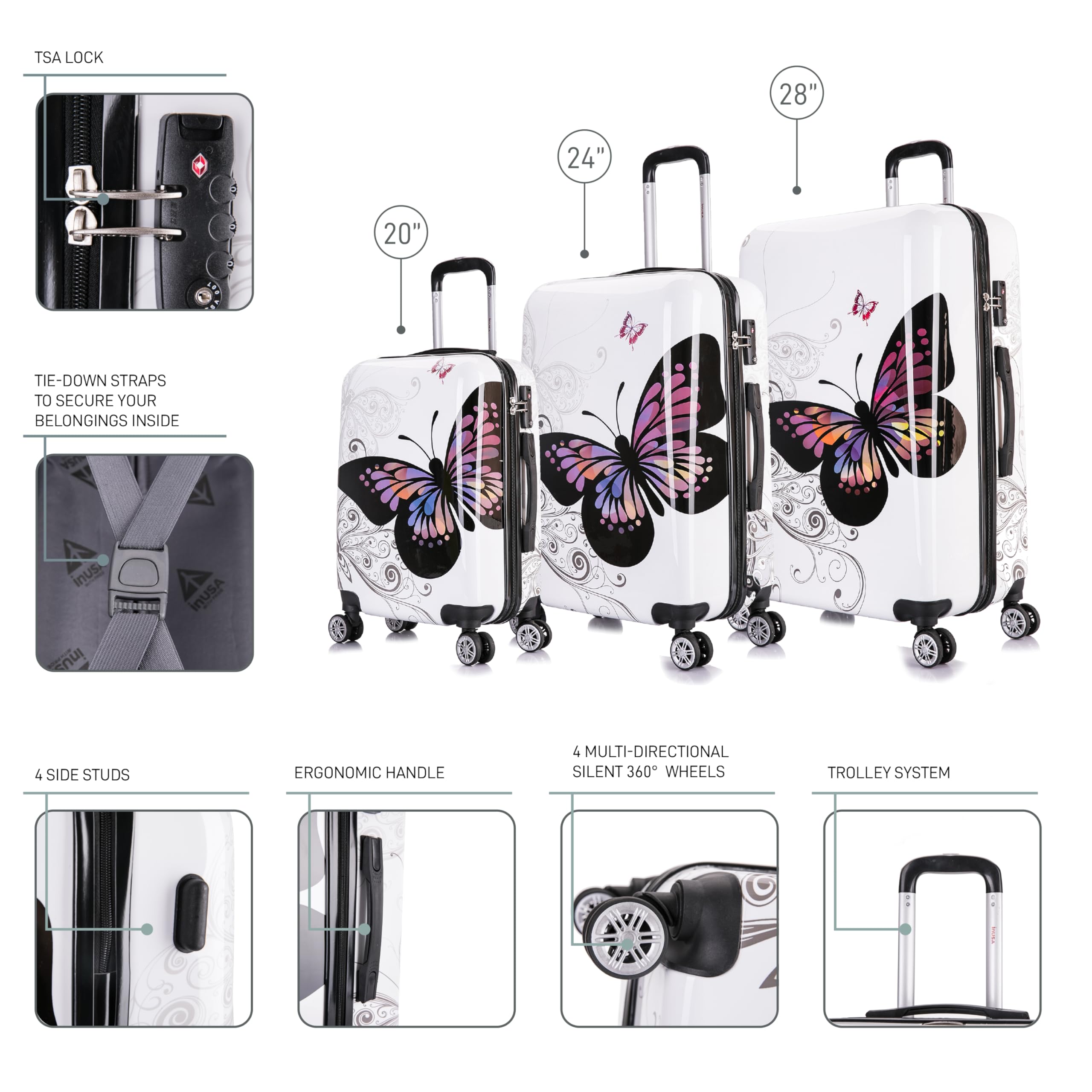 InUSA Butterfly Print Luggage Set with 360° Spinner Wheels - 3-Piece Durable Lightweight Hardside Suitcase (20in, 24in, 28in) for Women Travel | Carry-On & Checked Bag for Airplane, Vacation & Business Trips