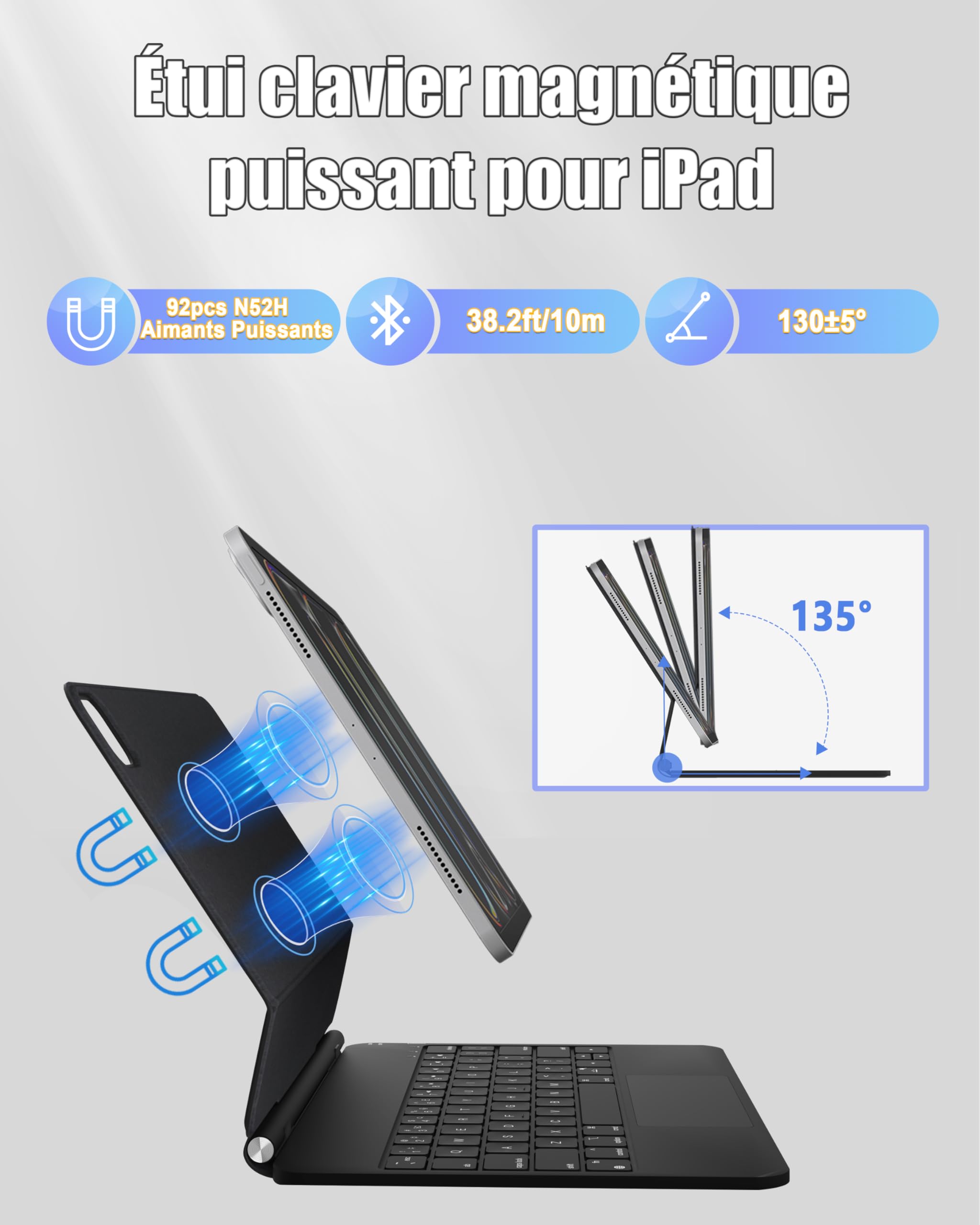 Nuflaz AZERTY Magic Keyboard for iPad Air 11 Inch (2024 M2/5th Gen) & iPad Pro 11 Inch - Slim Bluetooth Keyboard with Backlit for iPad Air 4th/5th Generation - Black Grey | Perfect for Office Work, Travel & Remote Learning