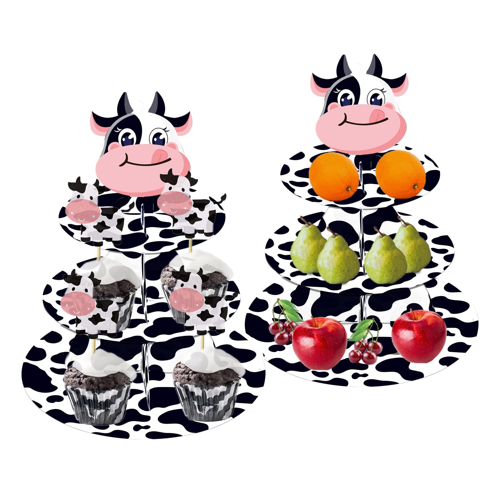 Cow Print Birthday Party Decorations - 2 Pack 3-Tier Cupcake Stands for Farm Animal Theme Parties | Cowgirl & Cowboy Party Supplies for Kids | Perfect for Birthday Cakes, Desserts & Farm-Themed Celebrations