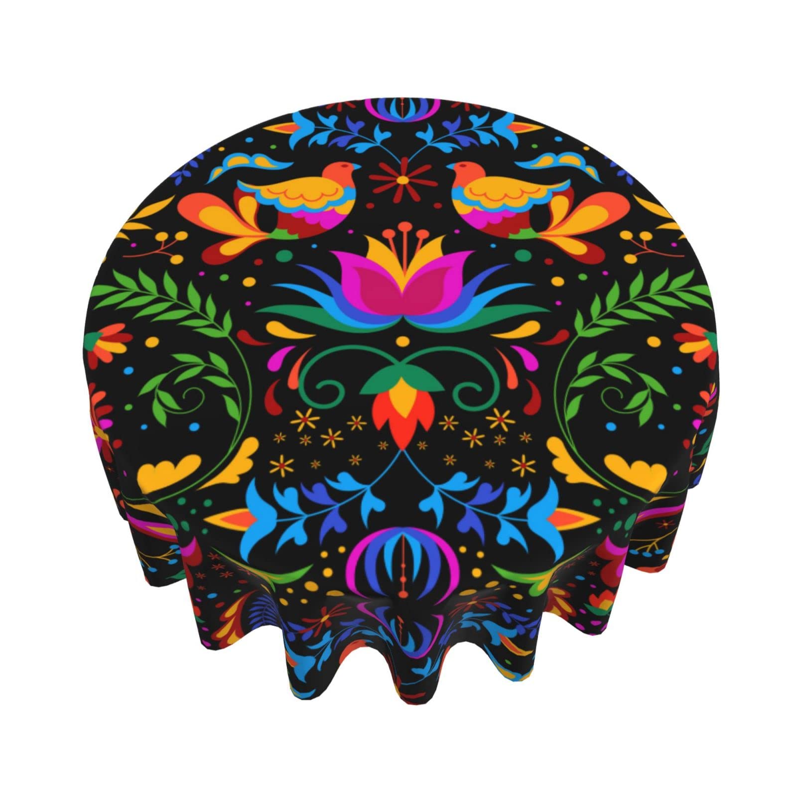 60 Inch Round Black Mexican Bird Flower Tablecloth - Spill Proof & Durable for Dinner Parties, Picnics, Camping & Mexican Themed Decor | Washable Table Cover for Indoor & Outdoor Use