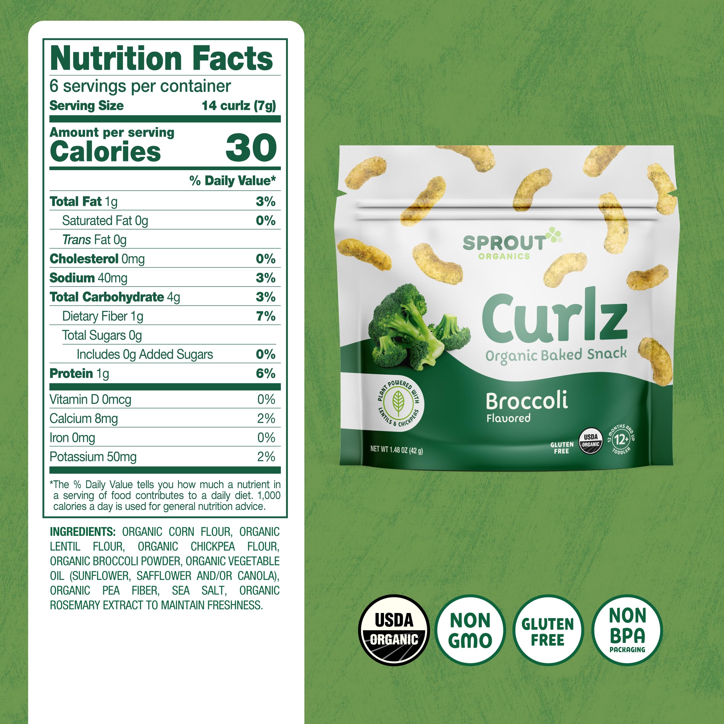 Organic Sprout Baby Food - Stage 4 Toddler Snacks with Broccoli Plant Power Curlz, 1.48oz (6 Pack) | Healthy Snack for Growing Kids | Perfect for On-the-Go, Lunchboxes & Daycare
