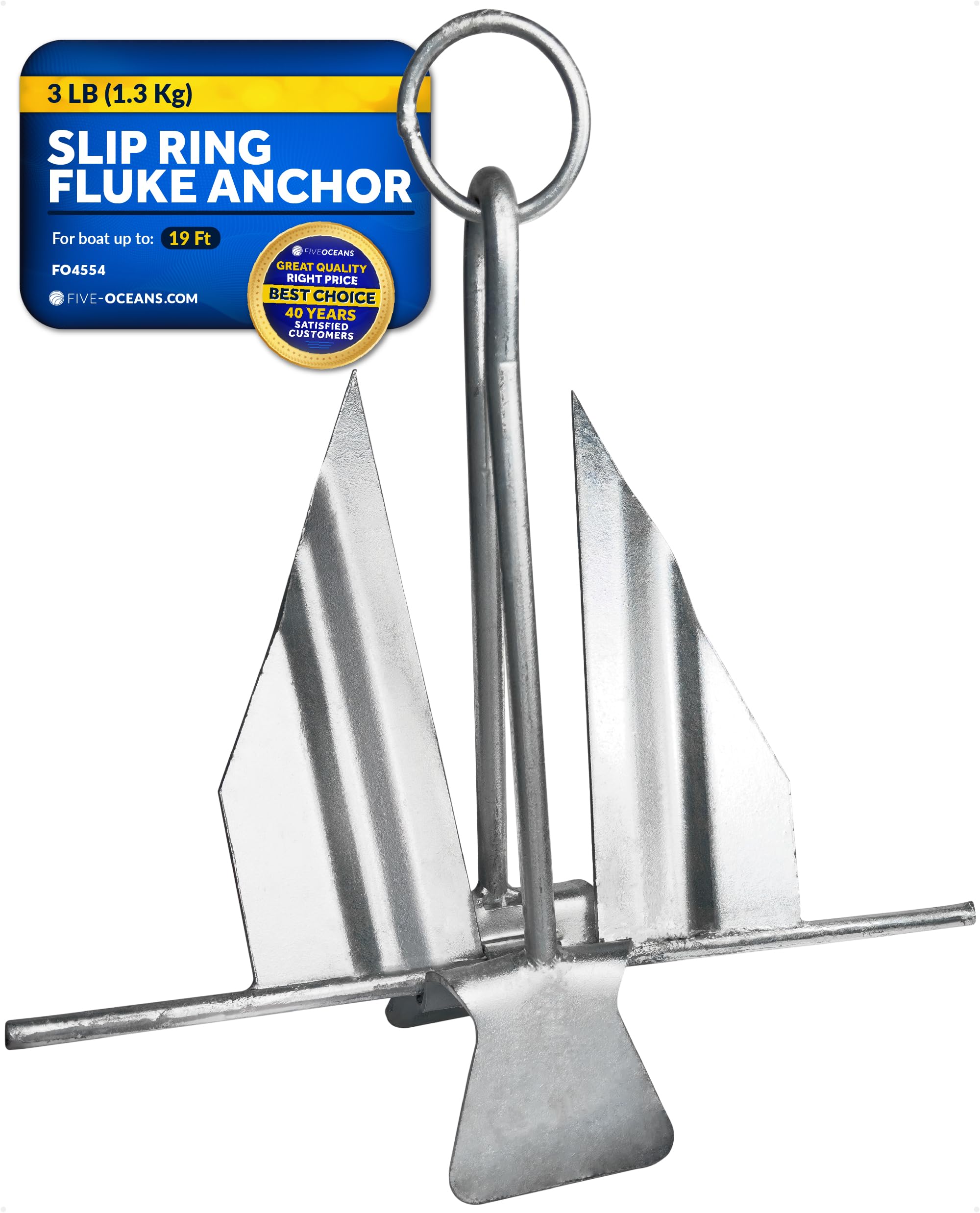 Five Oceans Heavy-Duty Galvanized Steel Fluke Boat Anchor with Slip Ring - Perfect for Kayaks, Dinghies, Paddleboards, Canoes & Personal Watercraft (Multiple Sizes Available) - Ideal for Fishing, Boating & Water Sports Adventures
