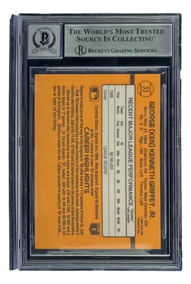 Authentic Ken Griffey Jr Signed 1989 Donruss #33 Rookie Card - Seattle Mariners - BAS Graded 10 Gem Mint - Perfect for Baseball Memorabilia Collectors & Sports Fans Display