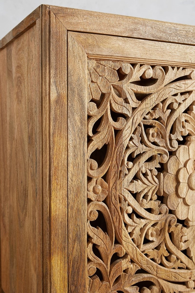 Handmade Natural Wooden Buffet Table - Hand Carved Lombok Style Storage Unit for Dining Room & Living Room | Rustic Home Decor Furniture