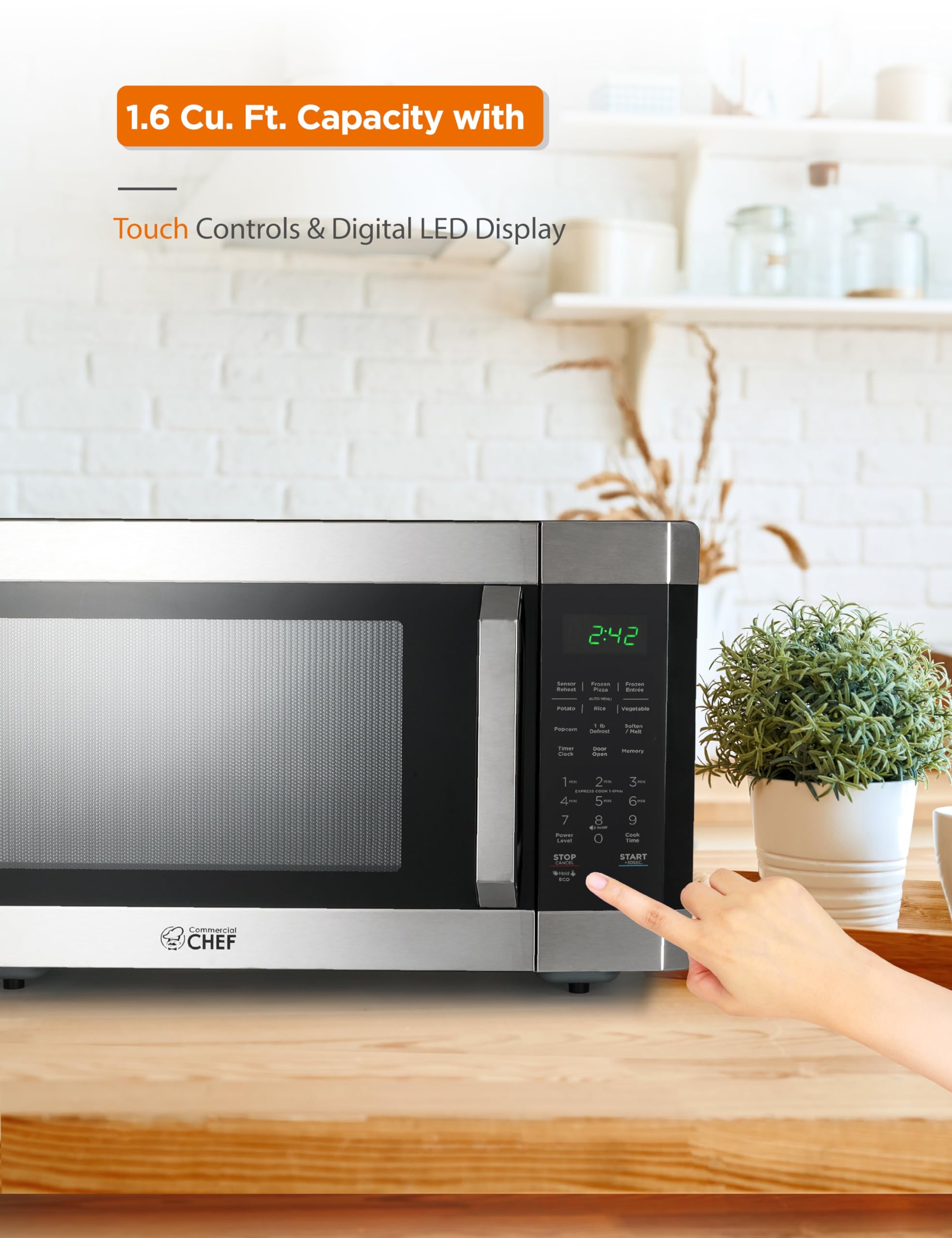 1.6 Cu Ft Commercial Chef Microwave Oven - 1100W, 10 Power Levels, Child Safety Lock, Digital Control Panel, Stainless Steel - Perfect for Small Kitchens, Dorms, Offices & RVs