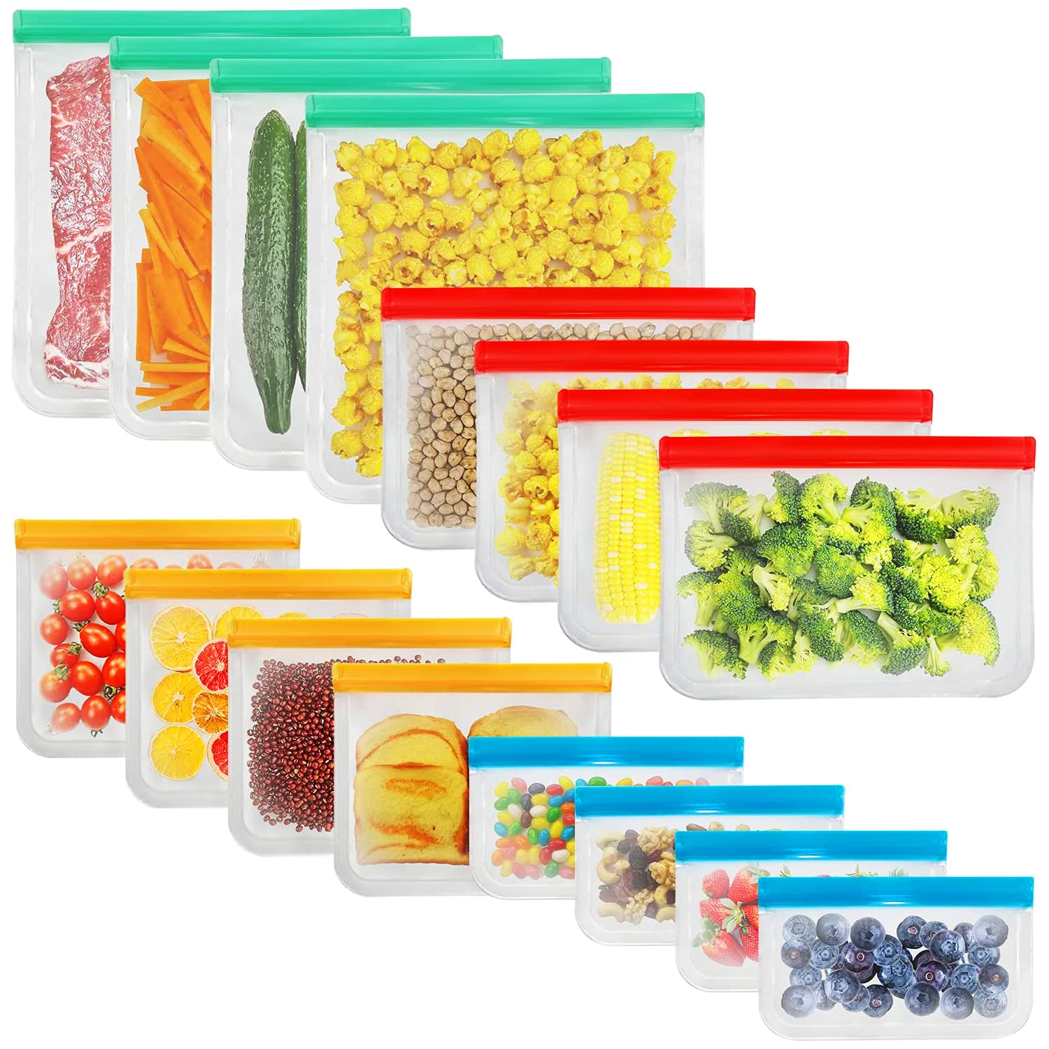 16-Pack Reusable Ziplock Food Storage Bags - BPA Free, Leakproof & Eco-Friendly (4 Gallon + 4 Lunch + 4 Sandwich + 4 Snack Bags) - Perfect for Meal Prep, Marinating, Travel & On-the-Go Snacks