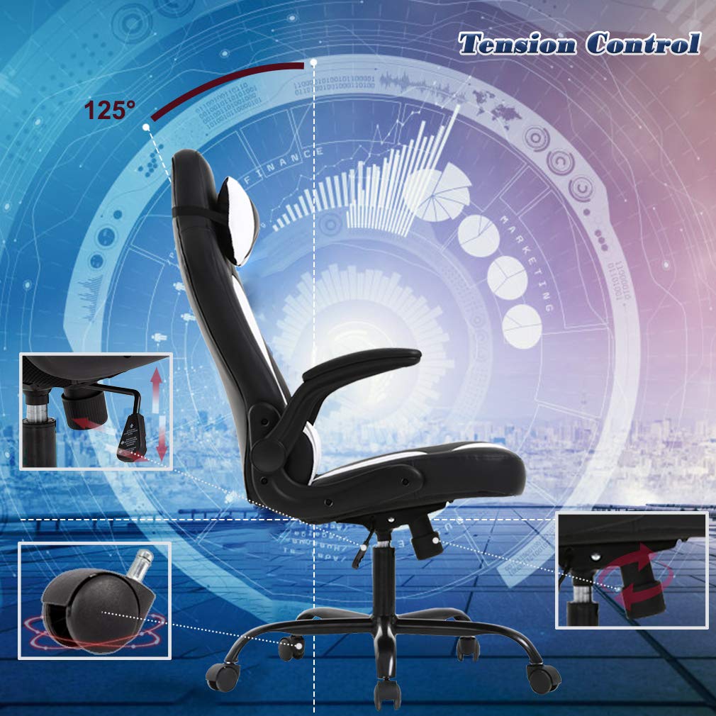 Ergonomic Massage Gaming Chair - PU Leather Office Desk Chair with Lumbar Support, Adjustable Headrest & Flip-Up Armrests, Swivel Rolling Base - Comfortable for Women & Adults (White) - Perfect for Home Office, Gaming Setup & Workstation