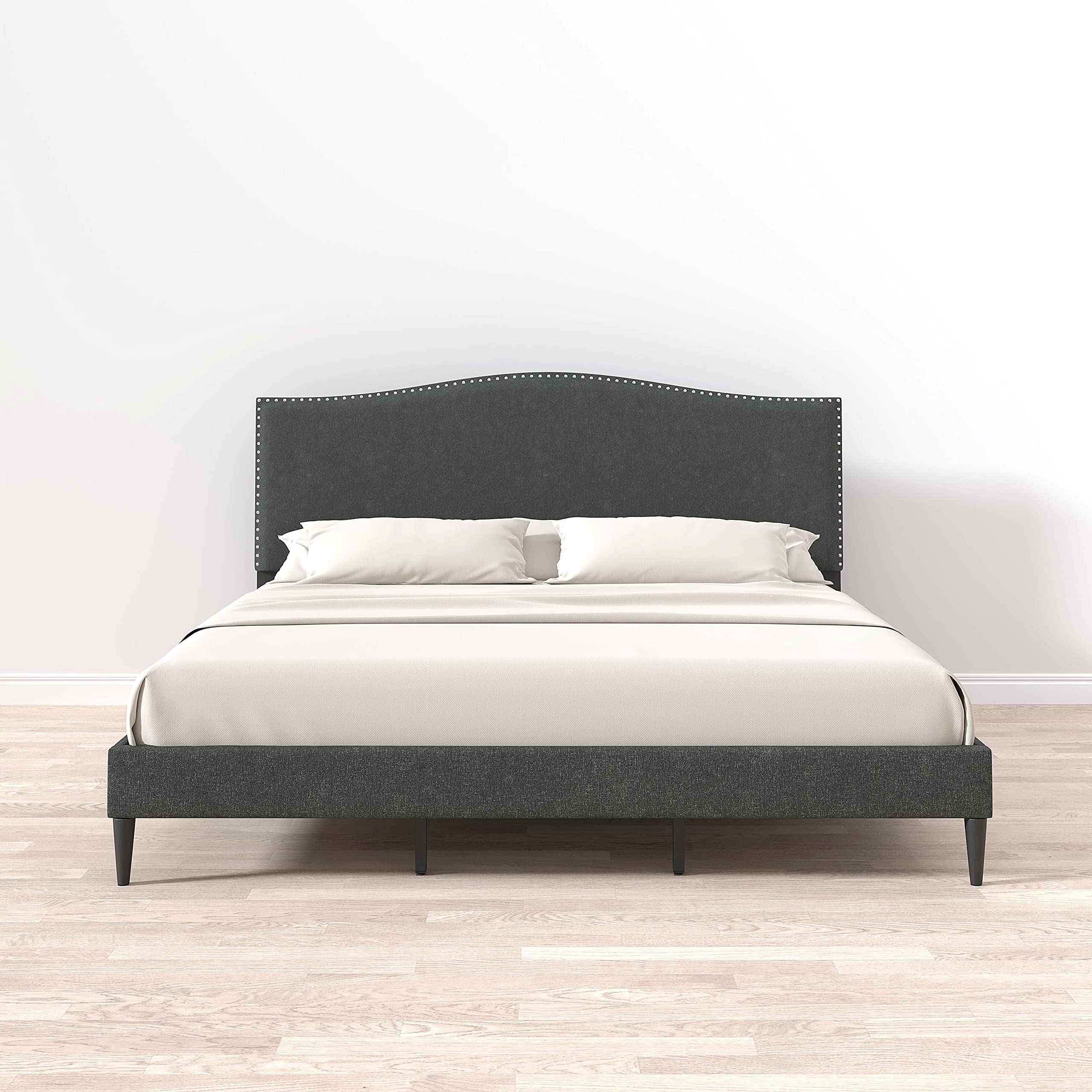 Glenwillow Home Kameli Upholstered King Size Bed Frame - Upholstered Platform Bed with Wood Slat Support, Nailhead Trim & Camelback Design - No Box Spring Needed, Easy Assembly, Gray - Perfect for Master Bedrooms & Guest Rooms