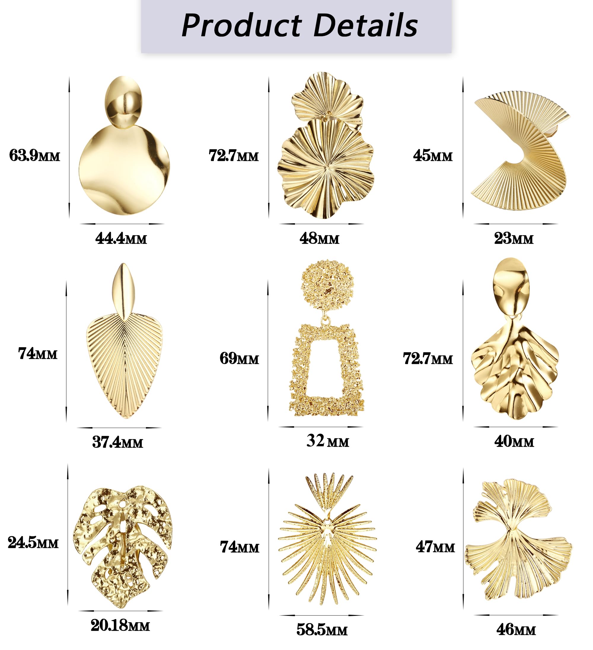 ORAZIO 9 Pairs Gold Clip On Earrings for Women - Statement Geometric Leaf & Trapezoid Dangle Earrings - Non-Pierced Retro Drop Earrings for Parties, Weddings & Special Occasions