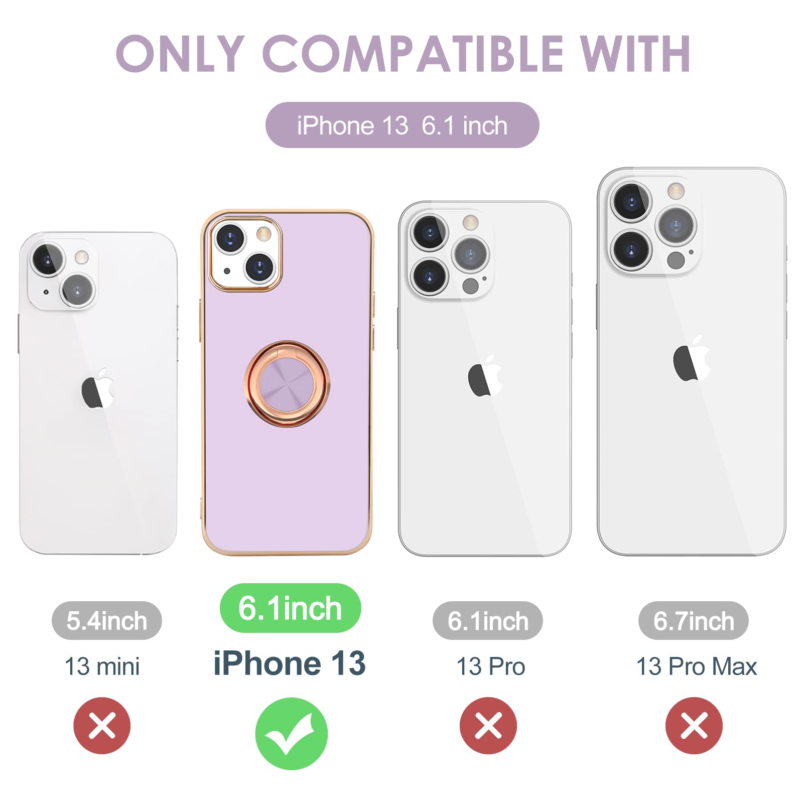 360° Rotatable Magnetic Ring Stand Case for iPhone 13 - Rose Gold Plated Edge, Slim Flexible TPU Cover with Car Mount Support (Purple) | Perfect for Hands-Free Viewing, Secure Grip & On-the-Go Convenience