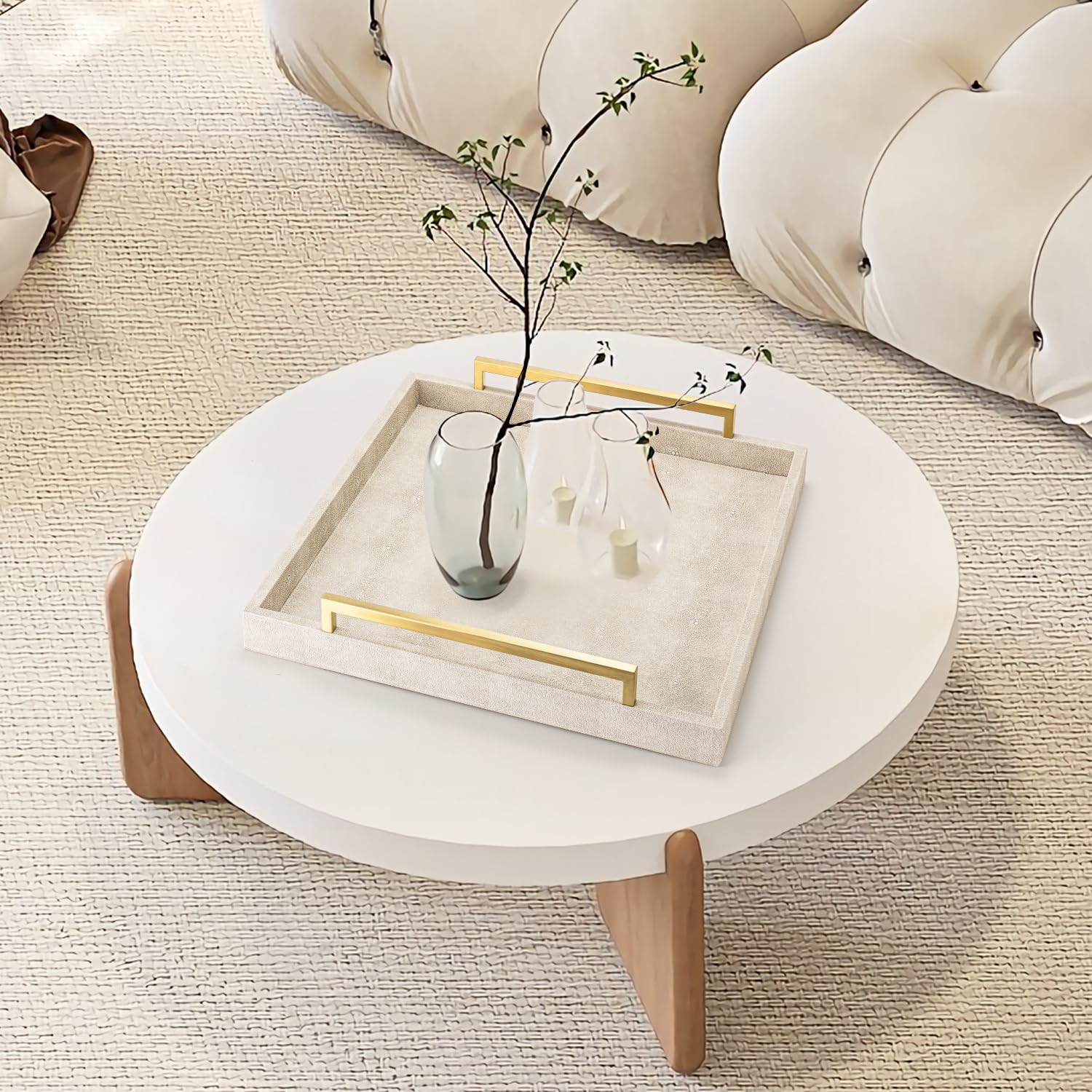 Large Square Shagreen Leather Ottoman Tray with Gold Handles - Decorative Coffee Table Tray for Living Room, Bedroom & Office Organization | Perfect for Serving, Display & Home Decor