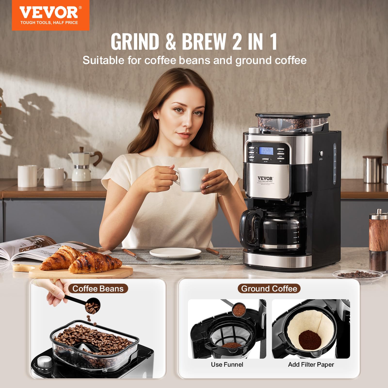 VEVOR 12-Cup Coffee Maker with Built-in Grinder, 3-Strength Control & 24-Hour Programmable Timer - Automatic Grind and Brew Coffee Machine for Home, Office, Restaurant Use