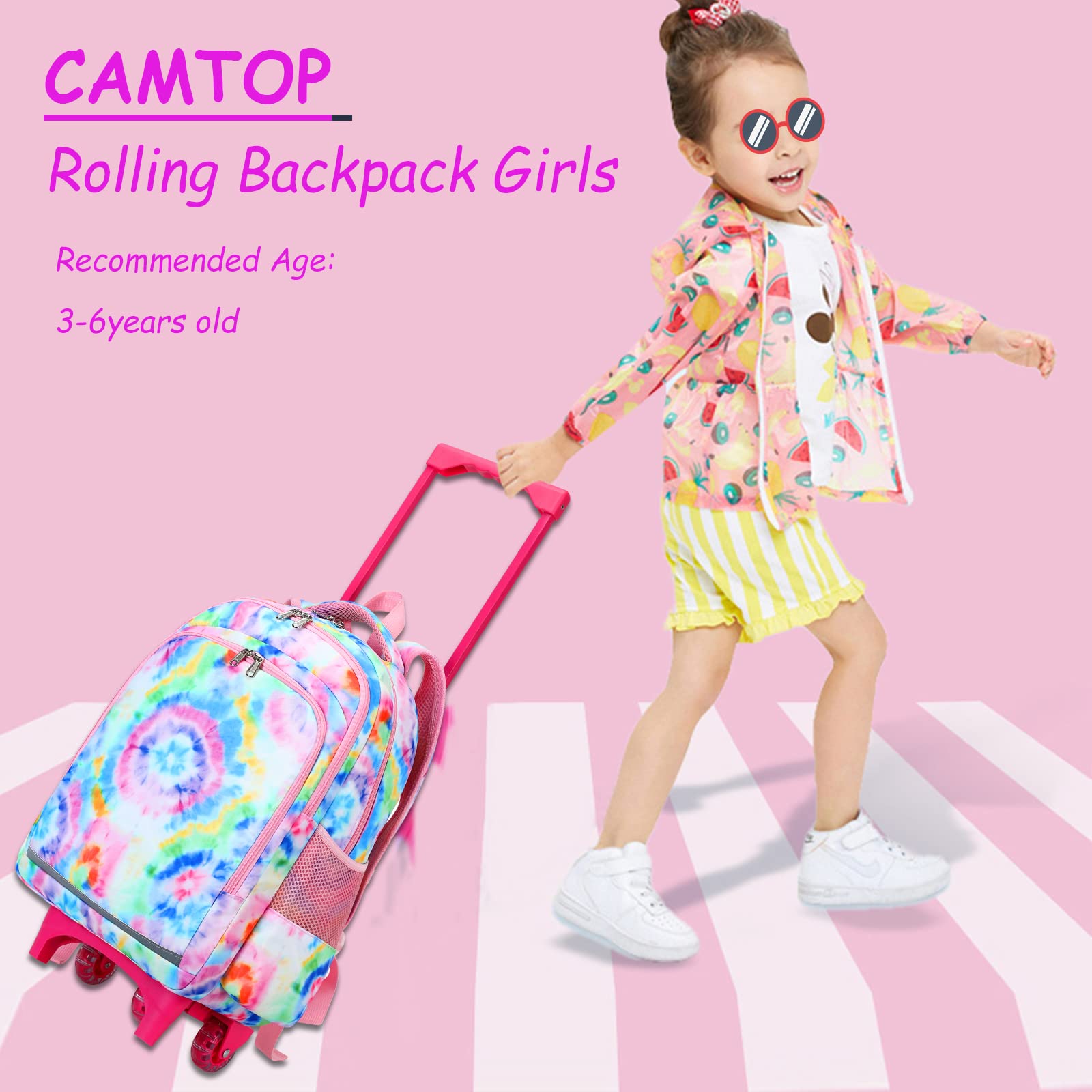 **CAMTOP 18 Inch Rolling Backpack for Girls - Wheeled School Backpack with Handle, Tie Dye Travel Luggage for Kids - Perfect for School, Travel & Weekend Trips**