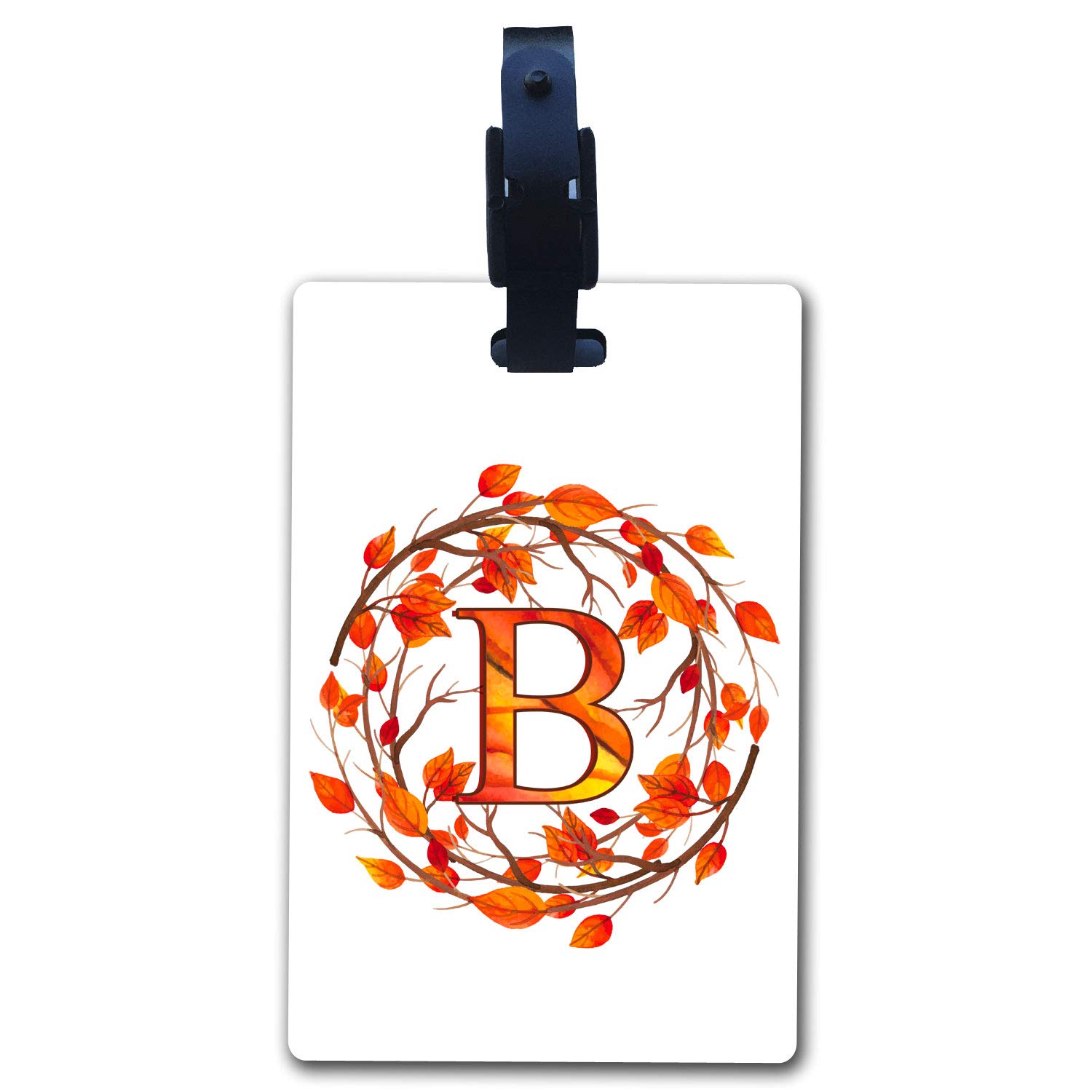 BRGiftShop Personalized Monogram Alphabet Luggage Tag - Bright Orange Autumn Fall Leaf Wreath Design | Perfect for Travel, Suitcases & Backpacks