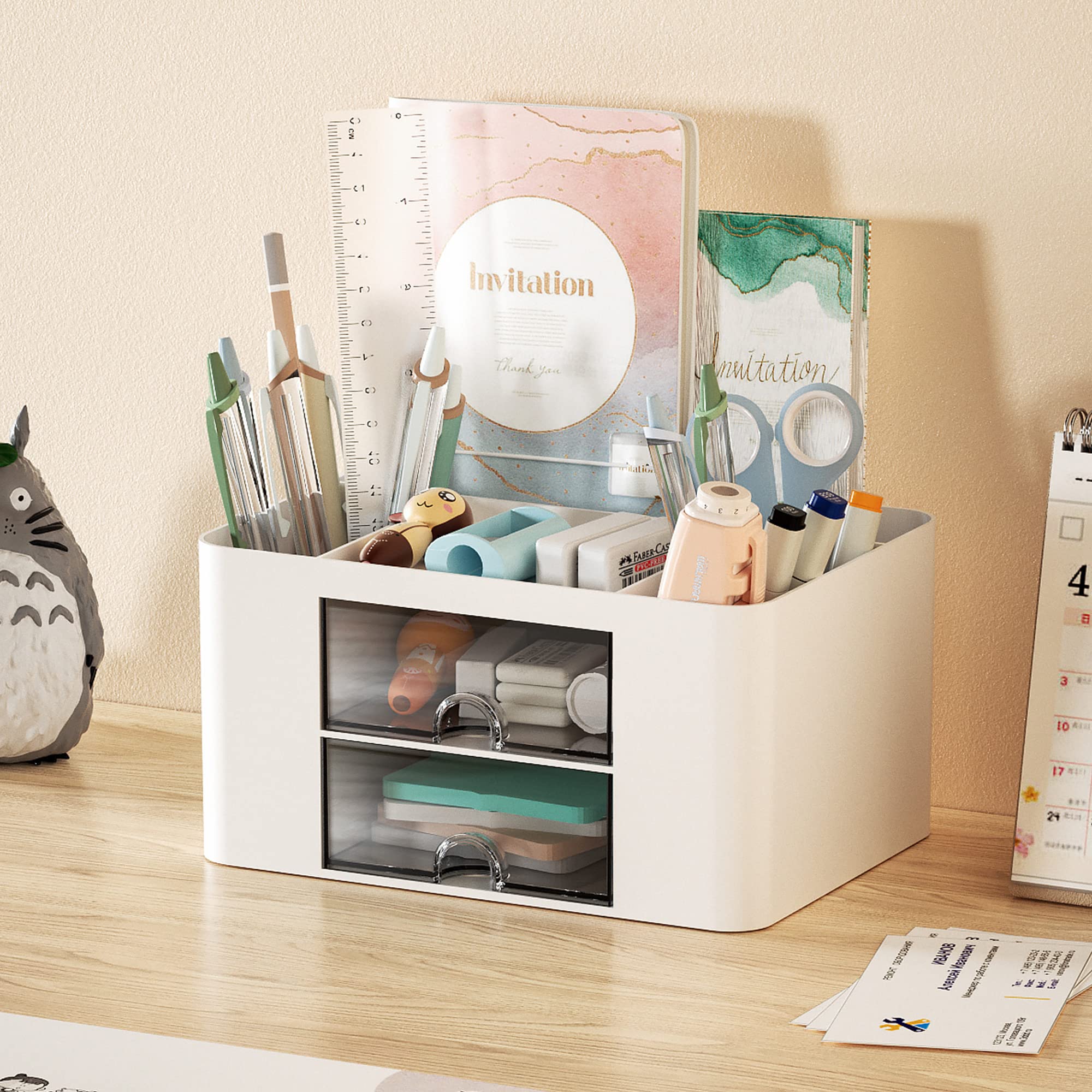 Marbrasse 2-Drawer Pen Organizer - Multi-Functional Desk Pencil Holder with 5 Compartments for Office & Art Supplies (White) | Perfect for Home Office, School, and Craft Room Organization