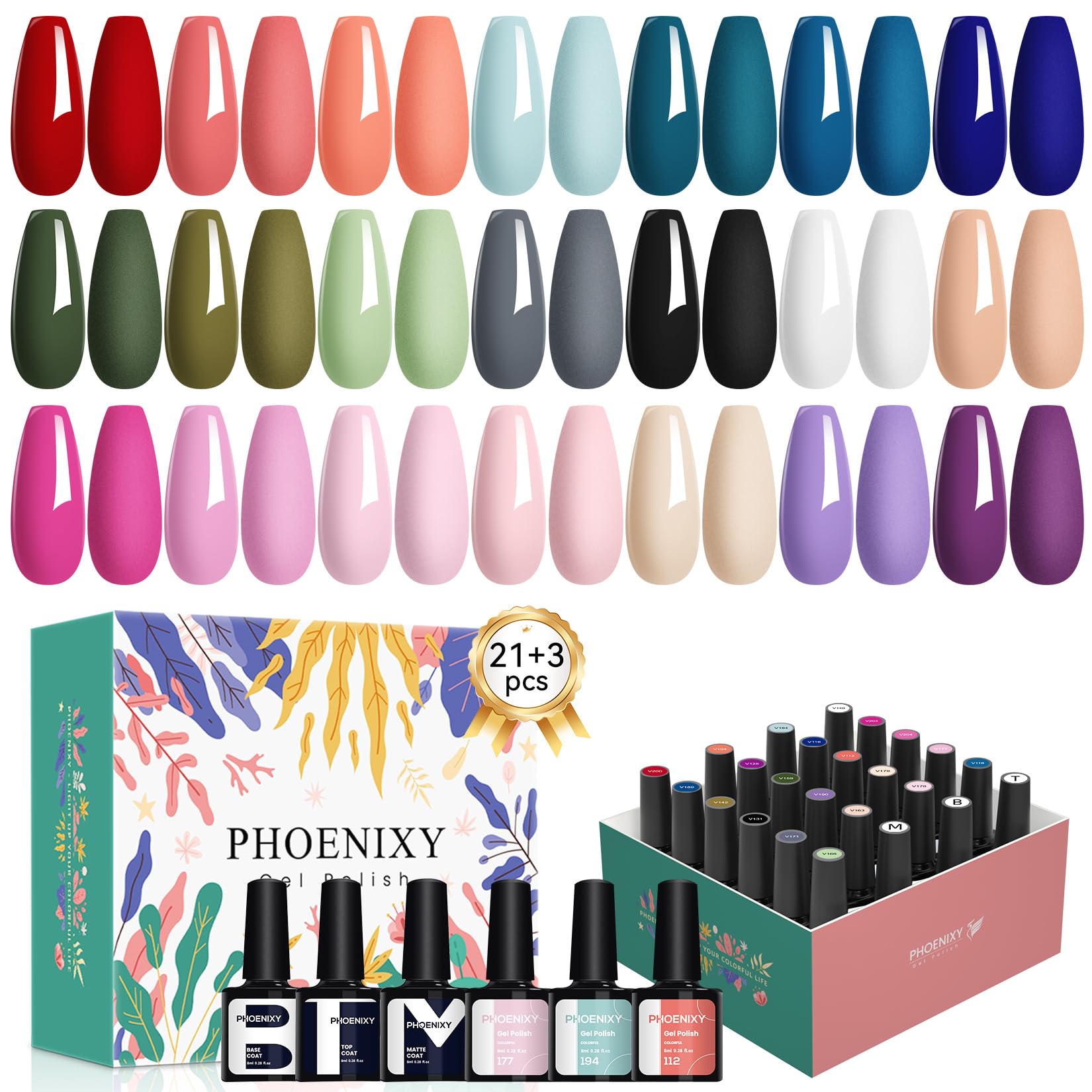 PHOENIXY 24 PCS Gel Nail Polish Set - 21 Spring Colors with Base, Glossy & Matte Top Coat (Black, Gray, Red) | DIY Manicure Kit for Women | Perfect for Home Nail Art, Parties & Gifts