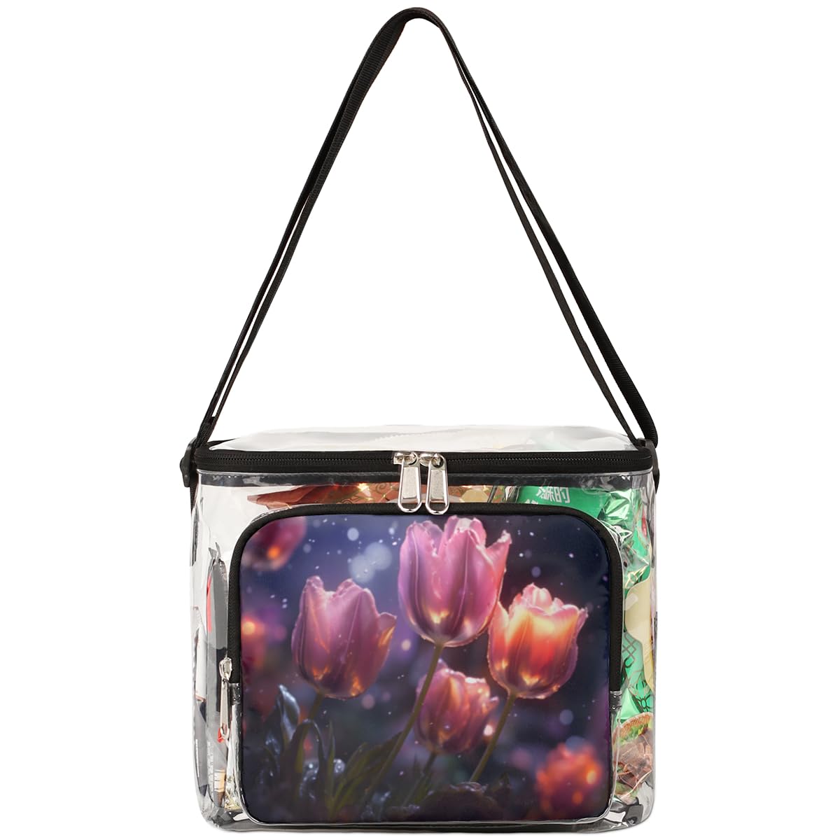 GzLeyigou Red Tulips Clear Tote Bag with Handles - Transparent Crossbody Shoulder Bag for Women, Lunch Bag for Outdoor, Travel, Picnic, Concerts & Sports Events (Stadium Approved) - Perfect for Beach, Shopping, Gym & Music Festivals