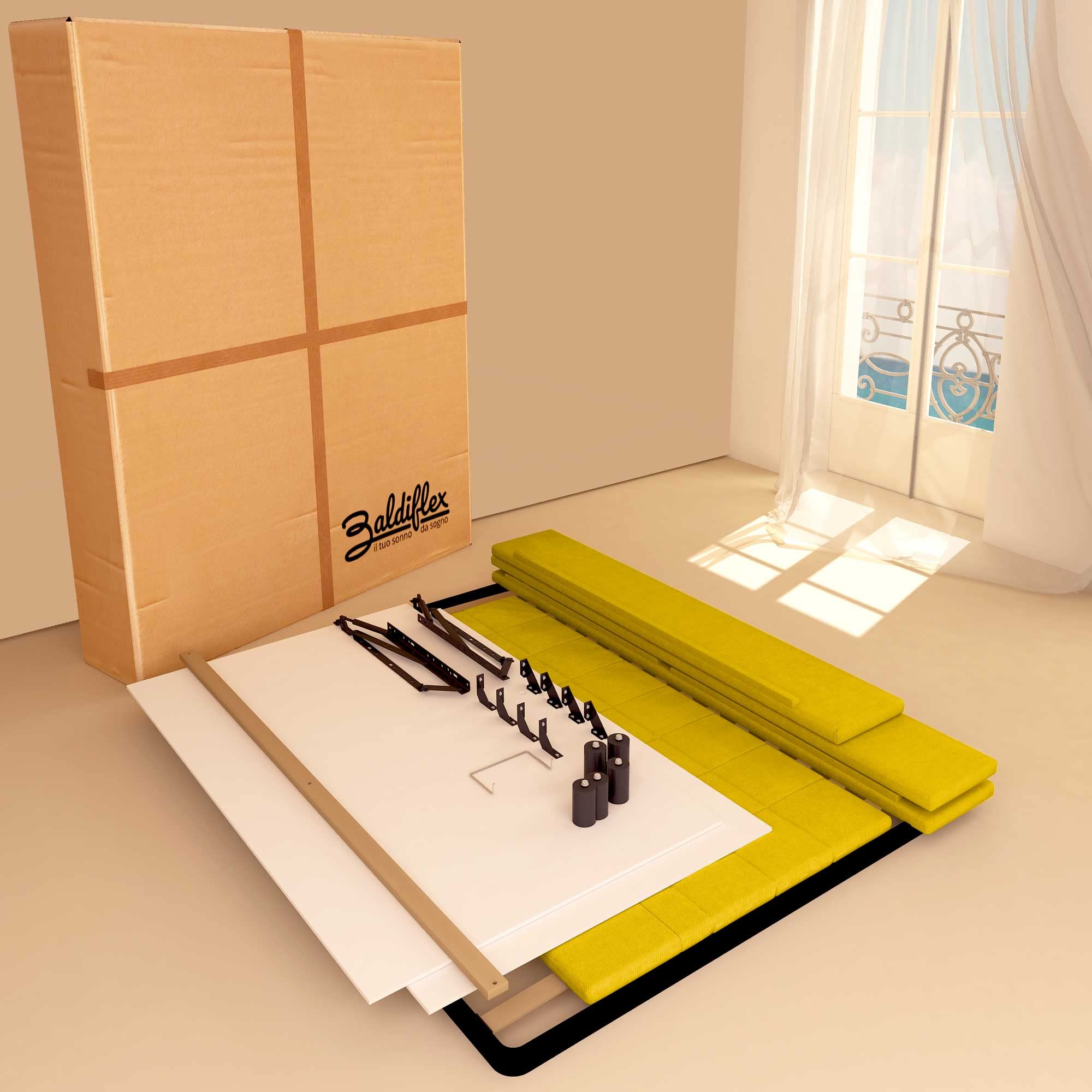 Baldiflex Double Bed Frame with Storage, Dublin Fabric Model, Slatted Base for Single Mattresses, 160 x 190 cm, Elegant Mustard Headboard - Perfect for Small Bedrooms & Guest Rooms