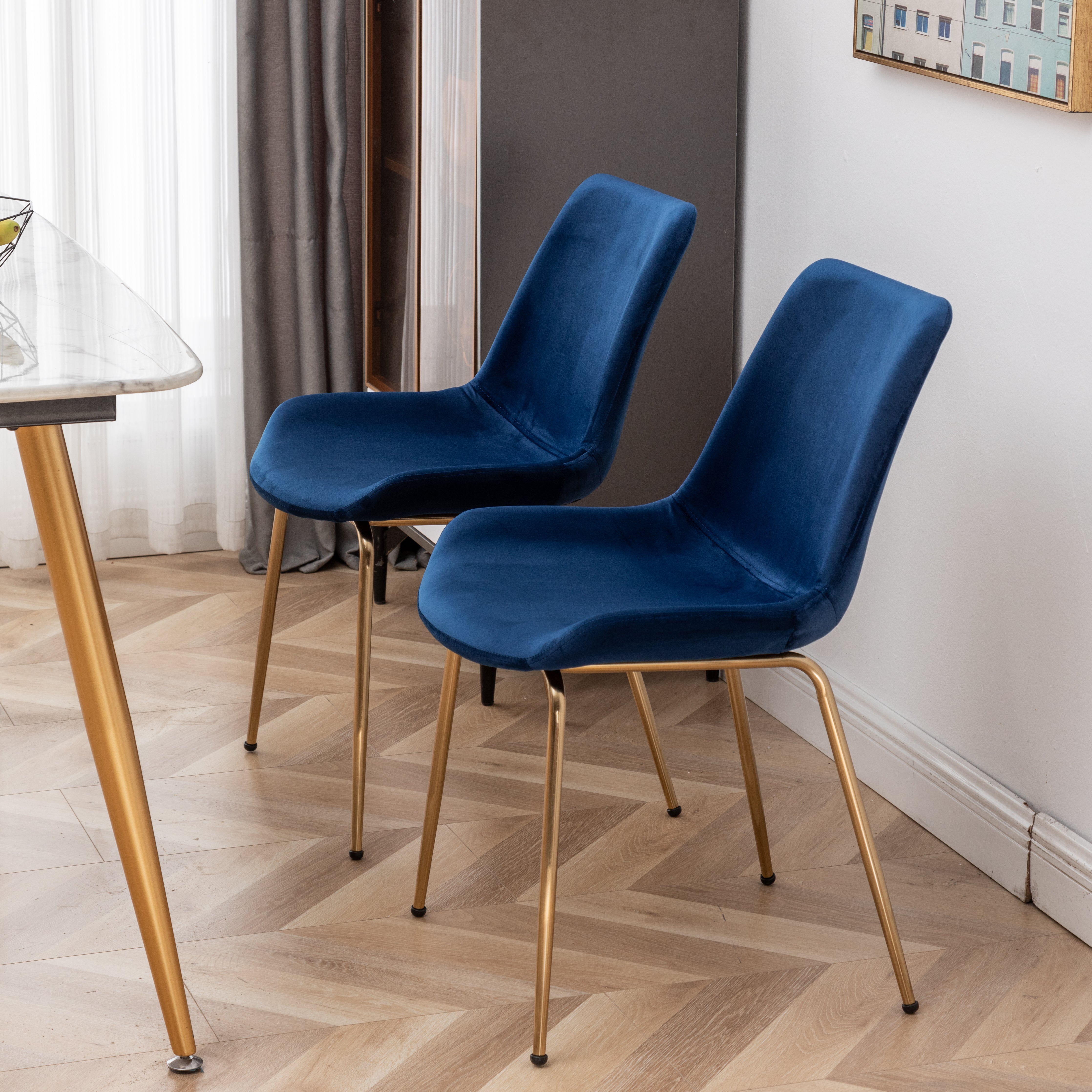 Roundhill Furniture Aufurr Modern Velvet Dining Chairs - Set of 2, Blue Velvet Upholstered Accent Chairs for Dining Room, Kitchen, or Home Office - Comfortable Mid-Century Style Seating