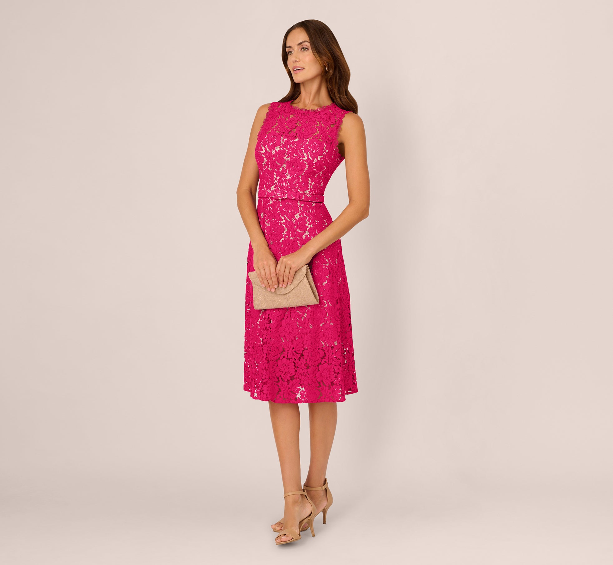 Elegant Sleeveless Lace Fit & Flare Dress - Sheer Detailing in Tropical Pink | Perfect for Summer Weddings, Beach Parties & Cocktail Events