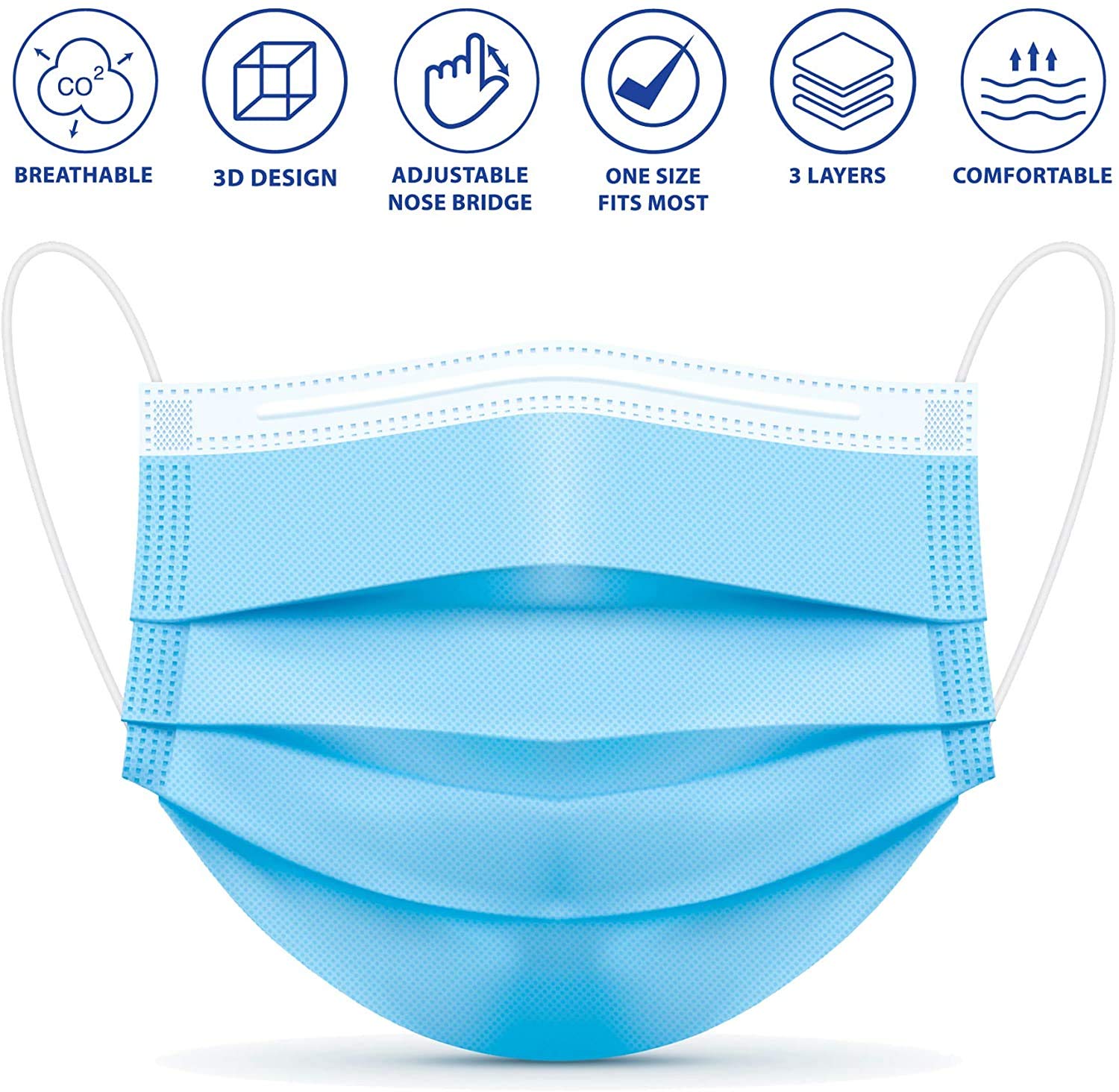 GreatDio® 100-Pack 3-Ply Protective Face Masks with Nose Clip - CE, ISO & GMP Certified, 98.6% BFE - Blue Disposable Surgical Masks for Family, Work & Travel Protection