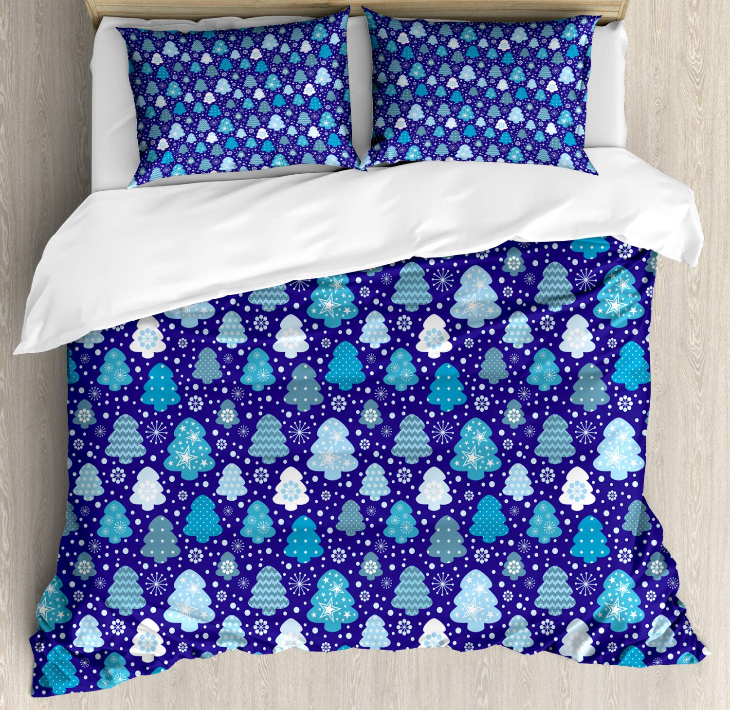 Ambesonne Winter Duvet Cover Set - Snowflake & Christmas Tree Design, 2-Piece King Size Bedding Set with 4 Pillowcases, Violet Blue & Pale Blue - Cozy Holiday Bedroom Decor for Christmas & Winter Season