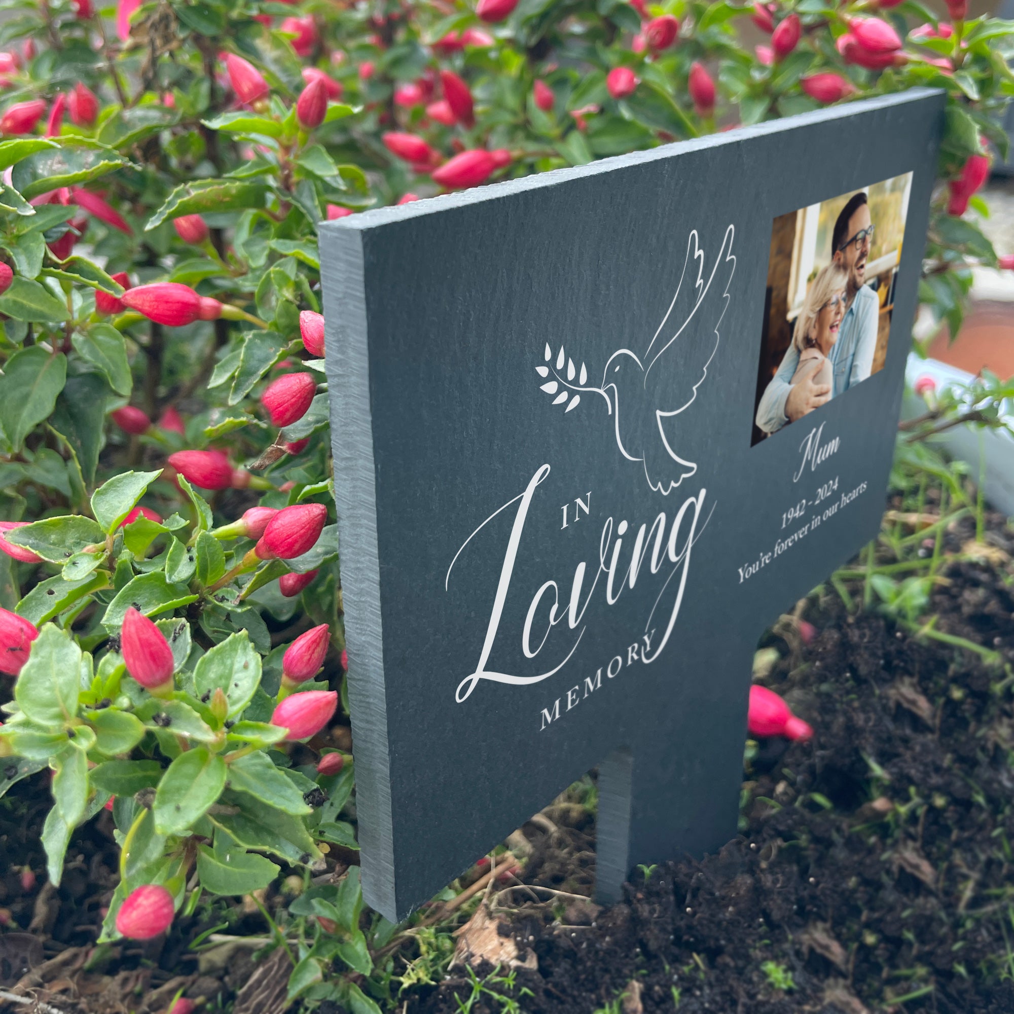 Personalized Large In Loving Memory Dove Photo Slate Plant Marker - Memorial Garden Decor for Graves, Headstones & Flower Beds