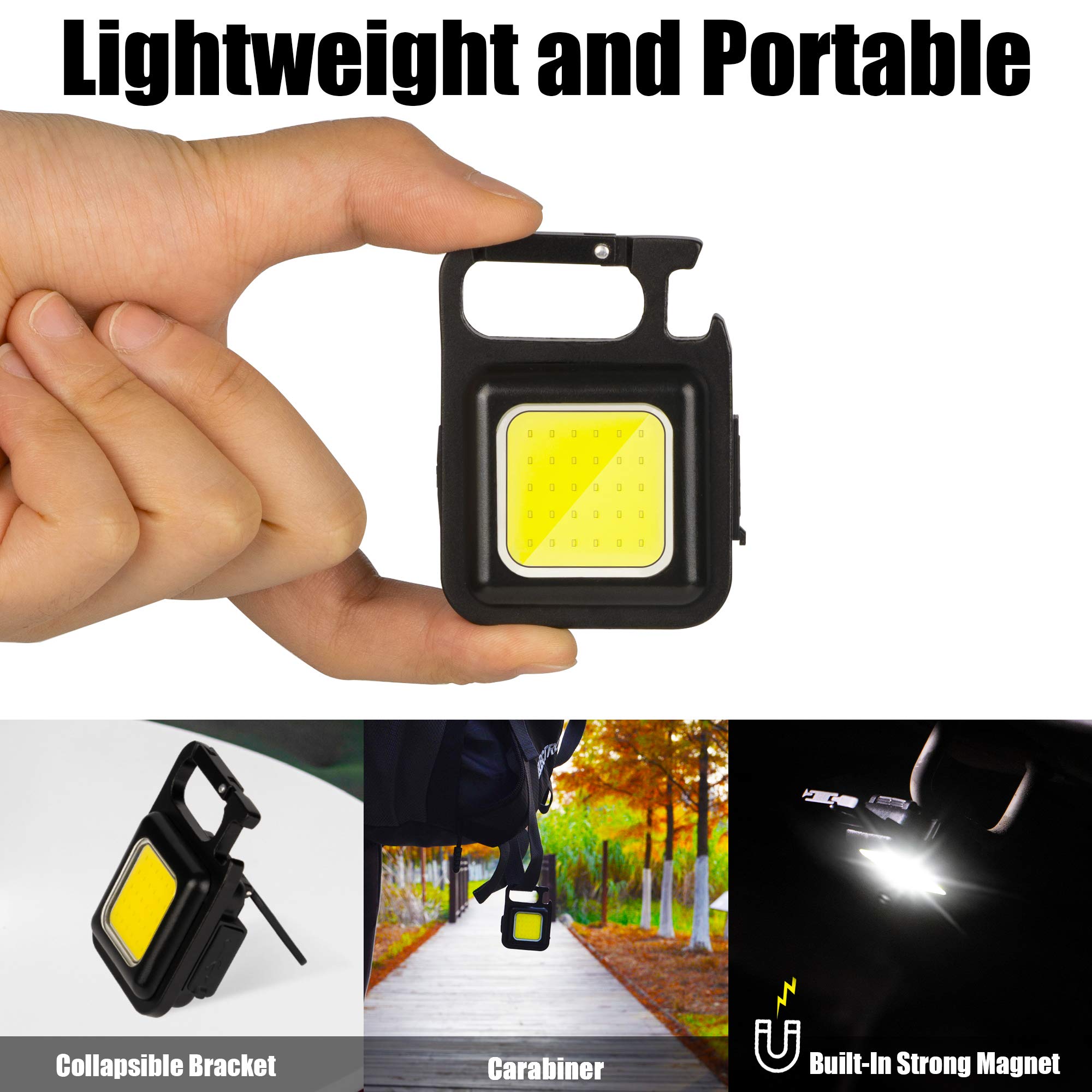 800 Lumens Rechargeable COB Mini Flashlight - Ultra Bright Keychain Light with 3 Modes, Folding Bracket, Bottle Opener & Magnetic Base | Perfect for Camping, Hiking, Fishing, Emergency & Everyday Carry (EDC)