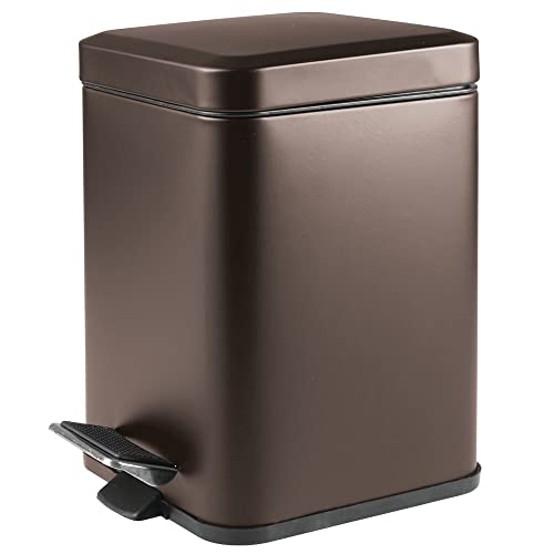 mDesign Slim Metal 1.5 Gallon Step Pedal Trash Can with Easy-Close Lid & Removable Liner - Narrow Waste Basket for Bathroom, Bedroom, Kitchen, Office - Bronze Finish | Perfect for Small Spaces & Home Organization