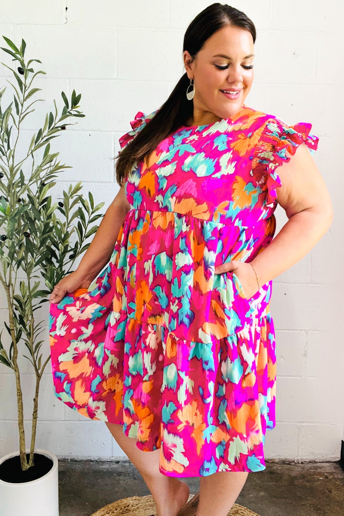 Look of Love Fuchsia Abstract Floral Print Smocked Ruffle Sleeve Dress for Women | Elegant Party & Wedding Guest Outfit