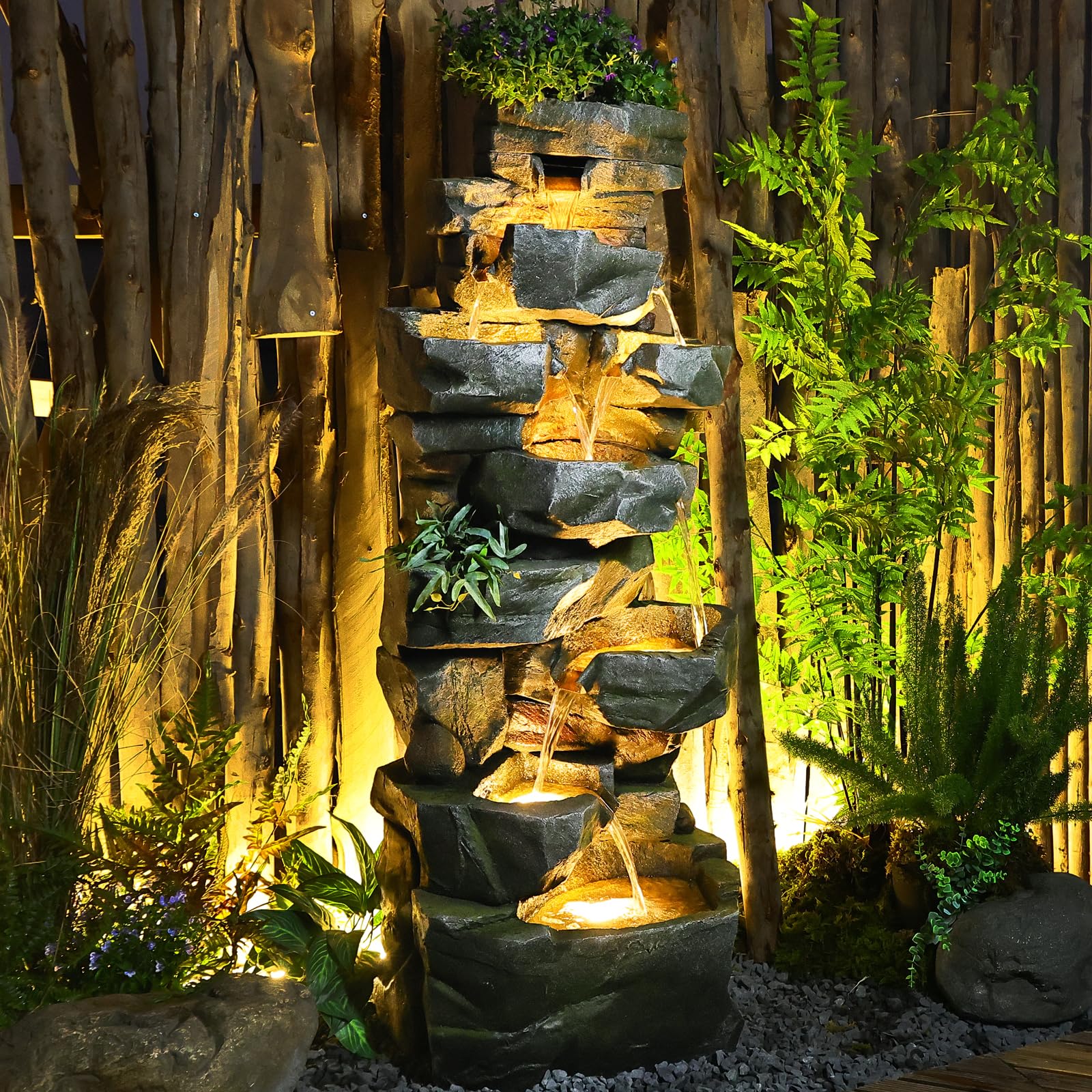6-Tier 58-Inch Large Cascading Rock Outdoor Garden Water Fountain with LED Lights - Natural Waterfall Decor for Patio, Porch, Backyard & Home Landscaping | Perfect for Relaxation, Meditation & Outdoor Ambiance