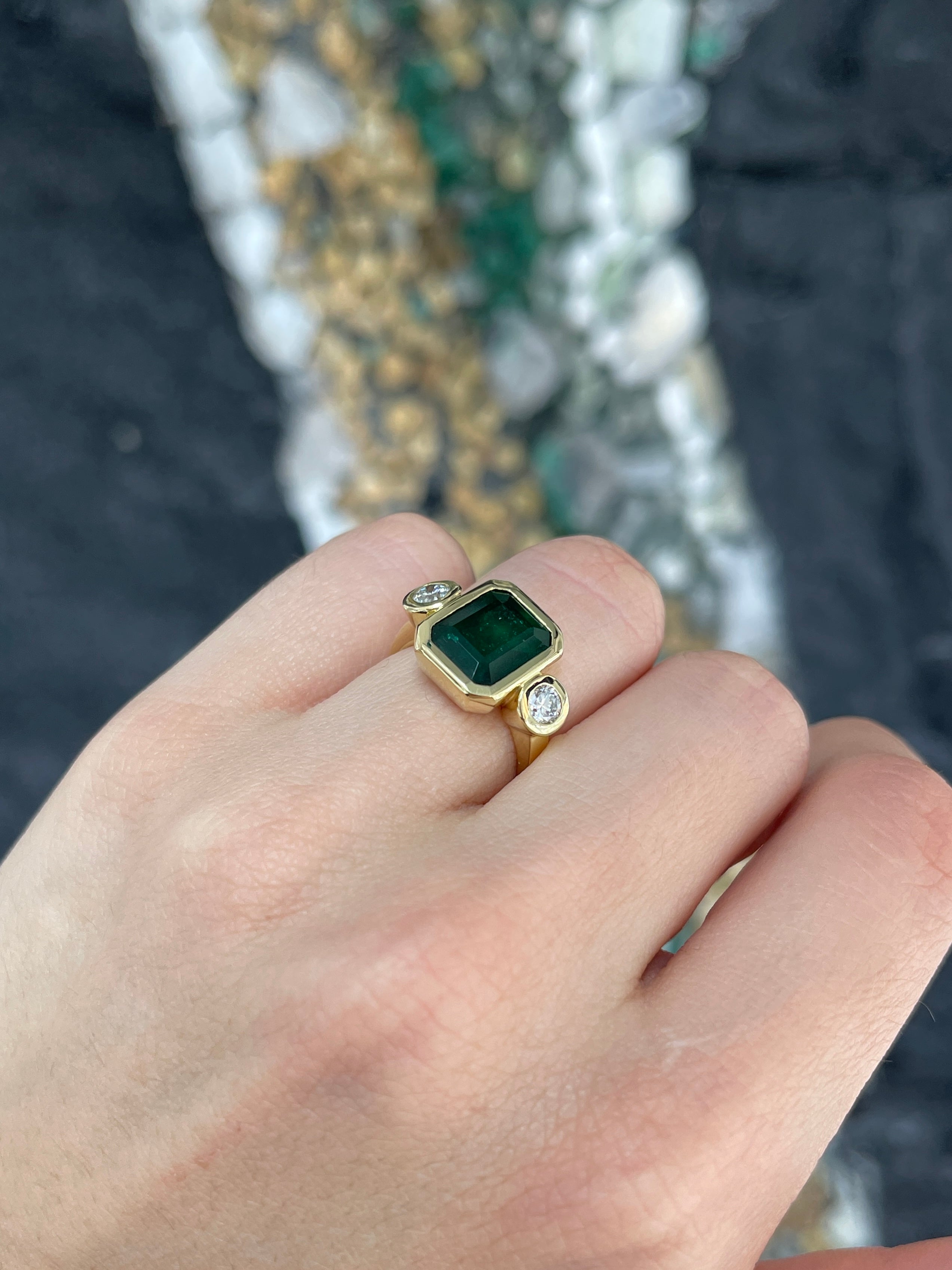 4.58tcw Natural Dark Emerald & Round Diamond Three Stone Ring in 18K Gold - Elegant Engagement, Anniversary or Gift Jewelry for Women