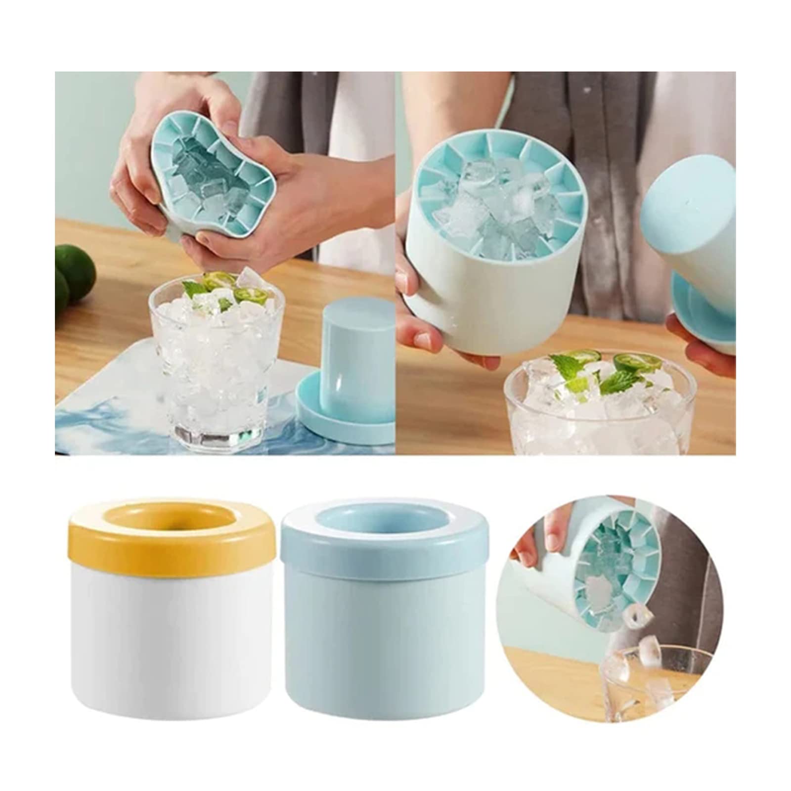 2022 Premium Silicone Ice Cube Tray & Ice Ball Maker Mold - BPA-Free Whiskey Ice Mold for Cocktails, Coffee, Juice & Water - Freezer Safe Blue & Yellow Ice Cube Maker for Home Bar & Party Use