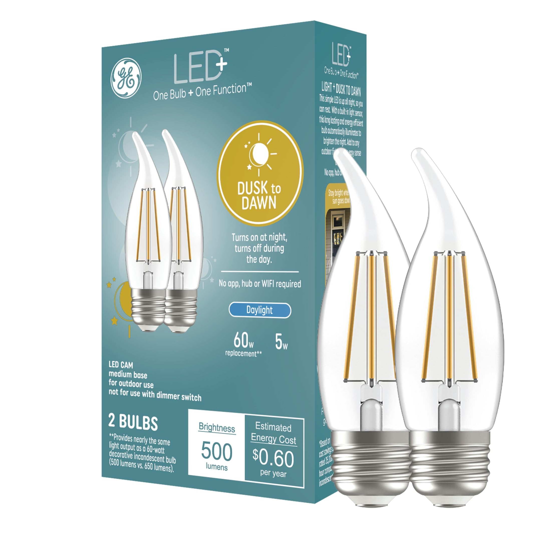 GE LED+ CA11 Dusk to Dawn Sensor Light Bulbs - Automatic On/Off Outdoor Security Lighting, Daylight White (5000K), E26 Medium Base, 2-Pack - Perfect for Porch, Garage, Garden & Pathway Illumination