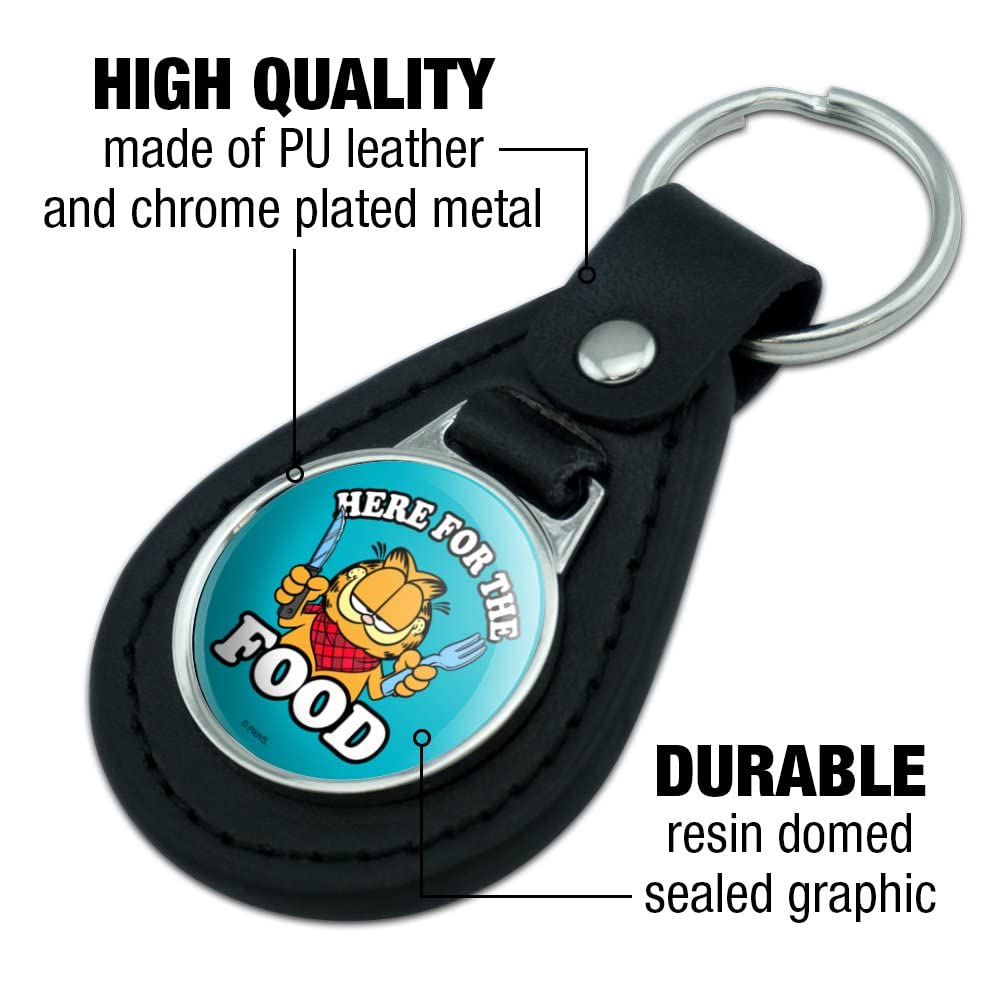 Black Leather Garfield 'Here for the Food' Keychain - Cute Cartoon Cat Key Ring for Fans, Gifts & Bag Accessories | Perfect for Keys, Backpacks, Purses & Gifts