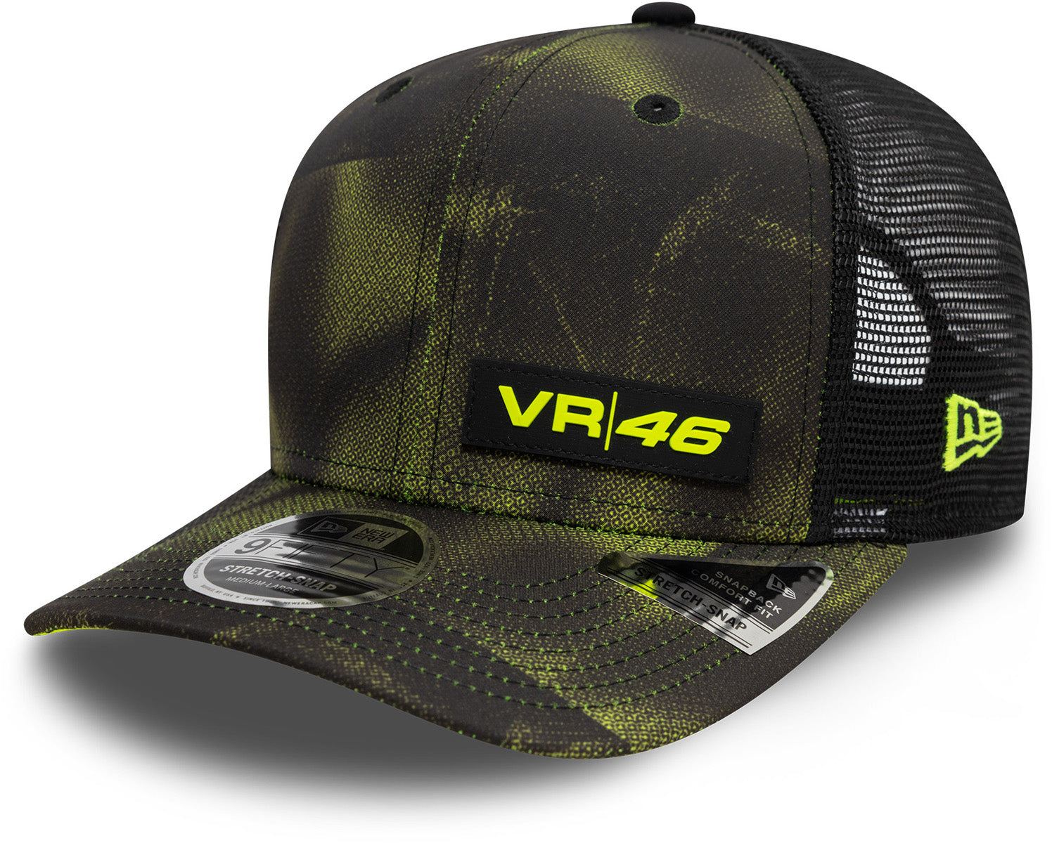 VR46 New Era 9Fifty Snapback Cap - Halftone All Over Print Adjustable Hat for Men - Perfect for Motorcycle Racing Fans, Streetwear Fashion & Casual Outfits