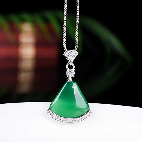 Natural Green Chalcedony Fan Pendant Necklace - Sterling Silver Inlaid Jade Fan Pendant Clavicle Chain - Boho Fashion Jewelry for Women - Perfect for Casual Wear, Parties & Gifts