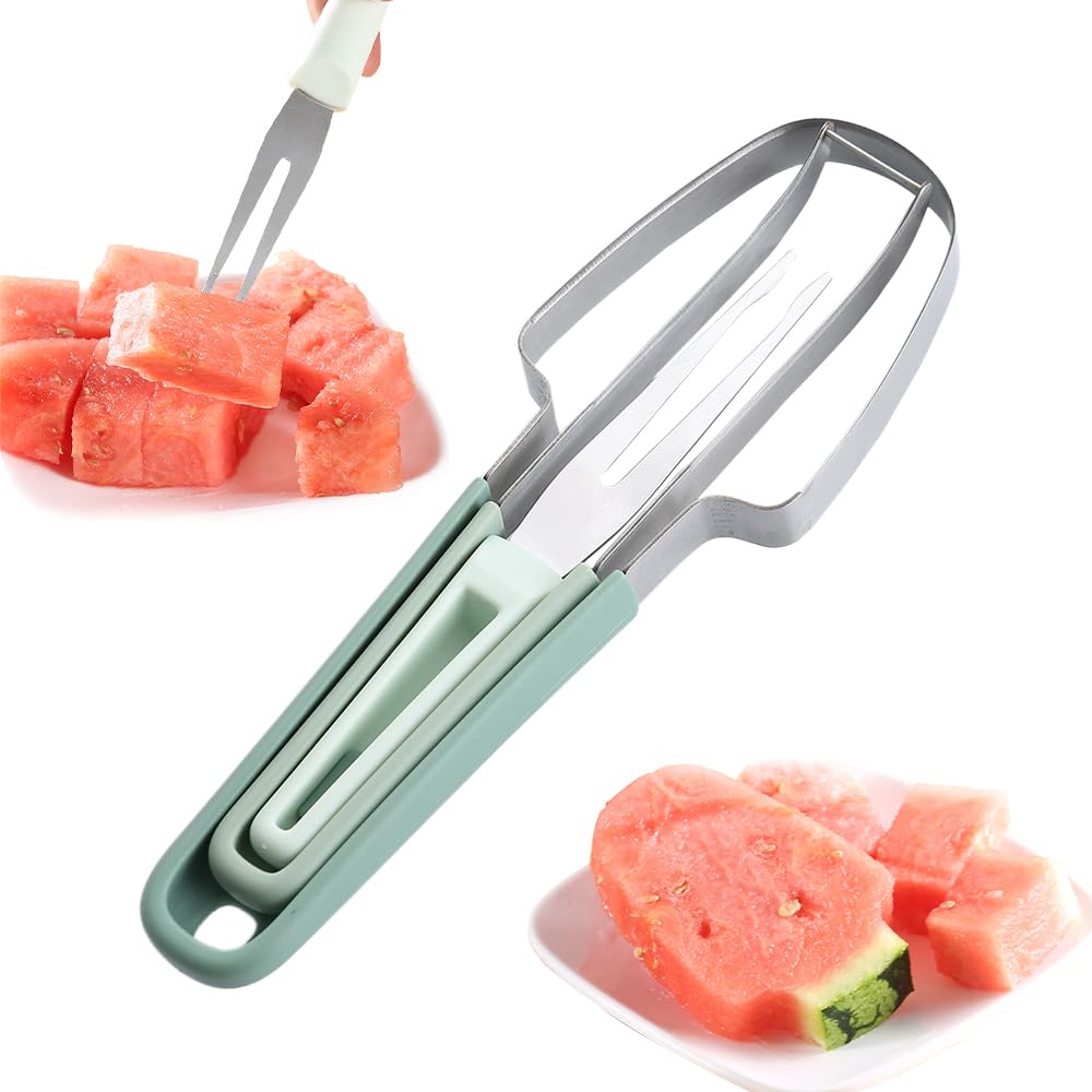 2024 Upgraded 3-in-1 Watermelon Slicer Cutter Fork - Stainless Steel Fruit Cutting Tool for Watermelon, Melon & Pineapple - Perfect for Home Kitchen, Camping & Outdoor Picnics (Green)