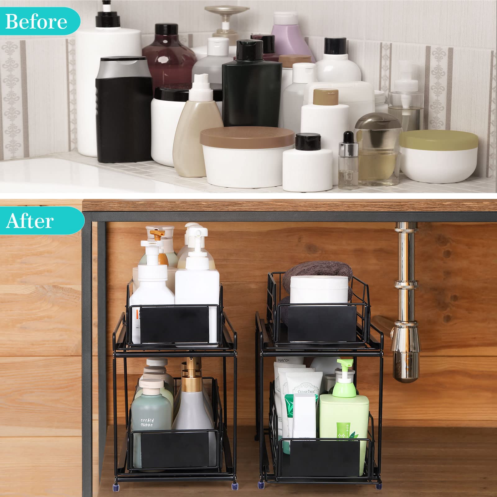 CADUKE 2-Tier Under Sink Organizer with Sliding Metal Drawers - Bathroom & Kitchen Cabinet Storage Basket - Space Saving Pull-Out Shelf for Cleaning Supplies, Cosmetics & Toiletries (2-Pack, Black)