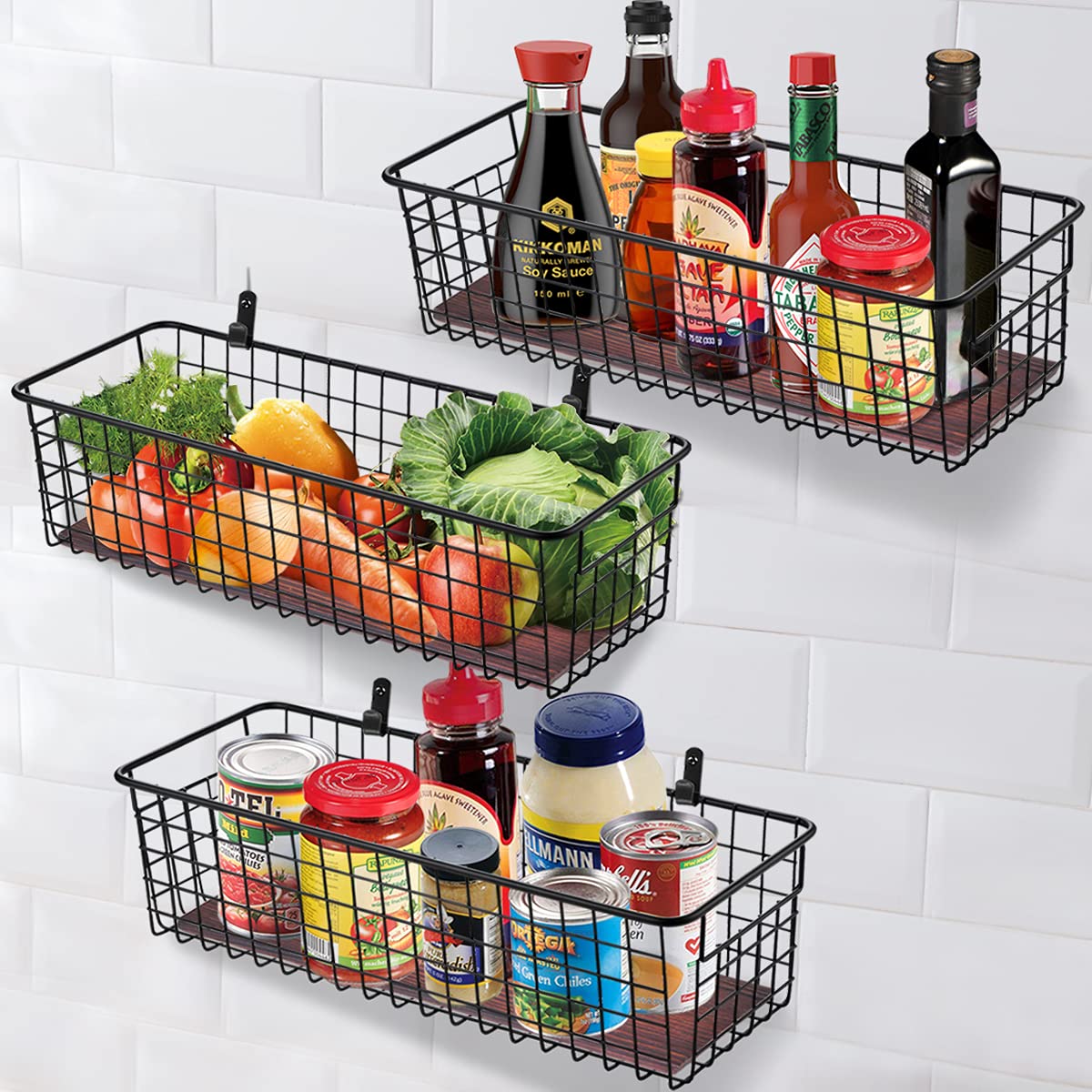 4-Piece Extra Large Metal Farmhouse Wall Decor Storage Organizer Set with Handles & Floating Shelves - Wall Mount Hooks Included (Black) - Perfect for Entryway, Bathroom, Kitchen Organization & Rustic Home Decor