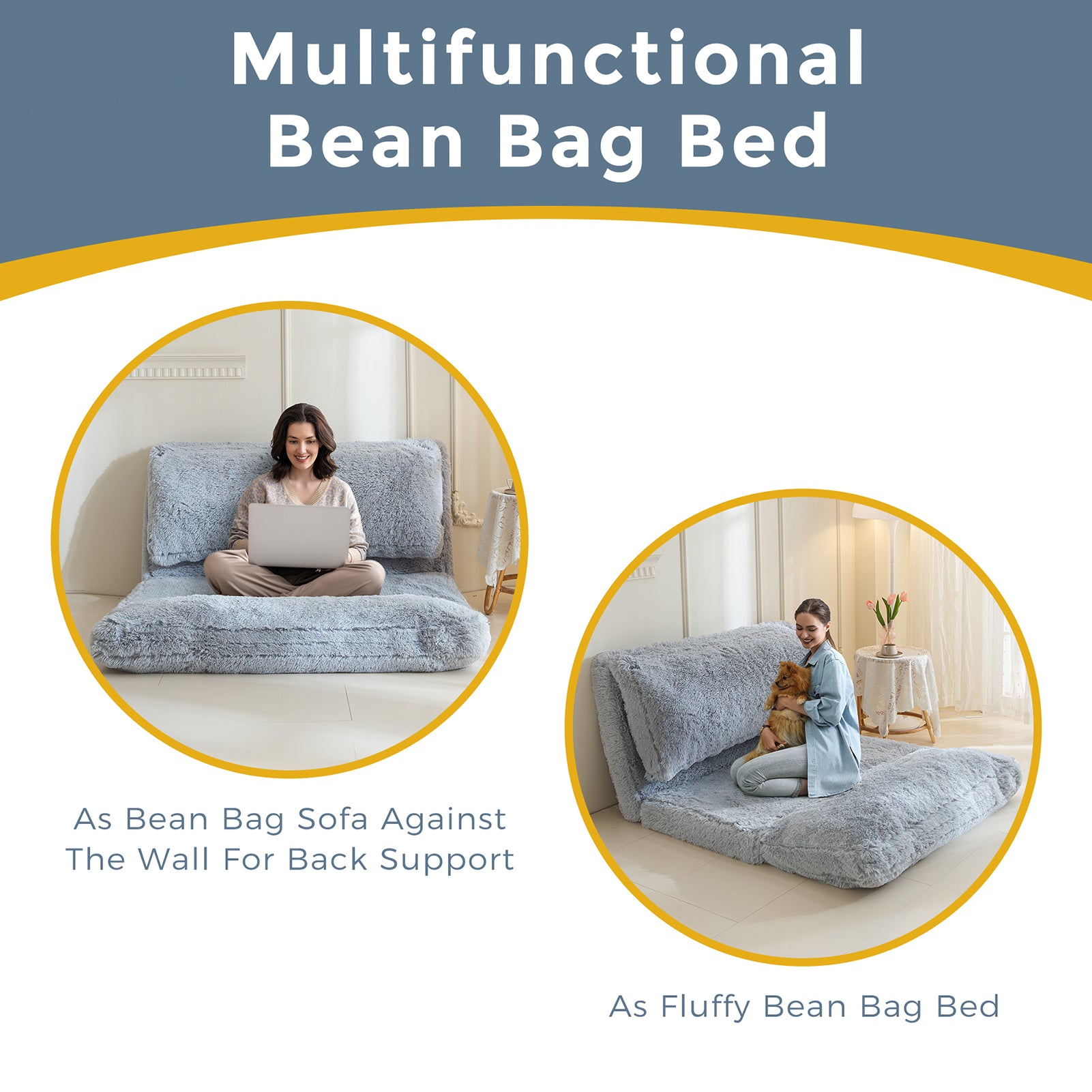 MAXYOYO Folding Floor Sofa Bed - Grey Faux Fur Bean Bag Chair with Foam Filling, Convertible Sleeper for Living Room, Bedroom & Dorm | Comfortable Lounge Seating for Relaxing, Reading & Napping